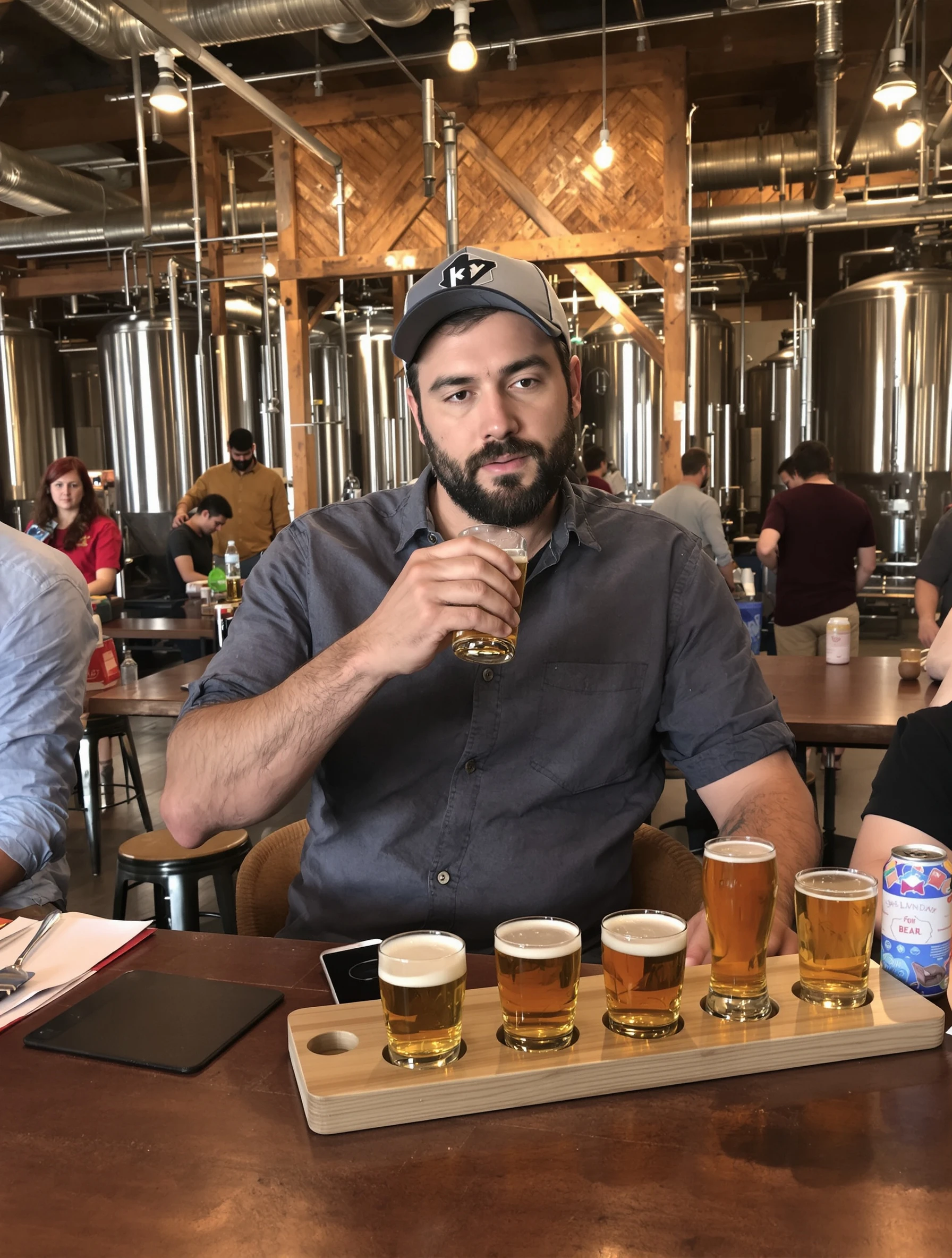 Casual man at a craft brewery tasting room, sampling a flight of beers. Relaxed weekend outfit, rustic industrial interi