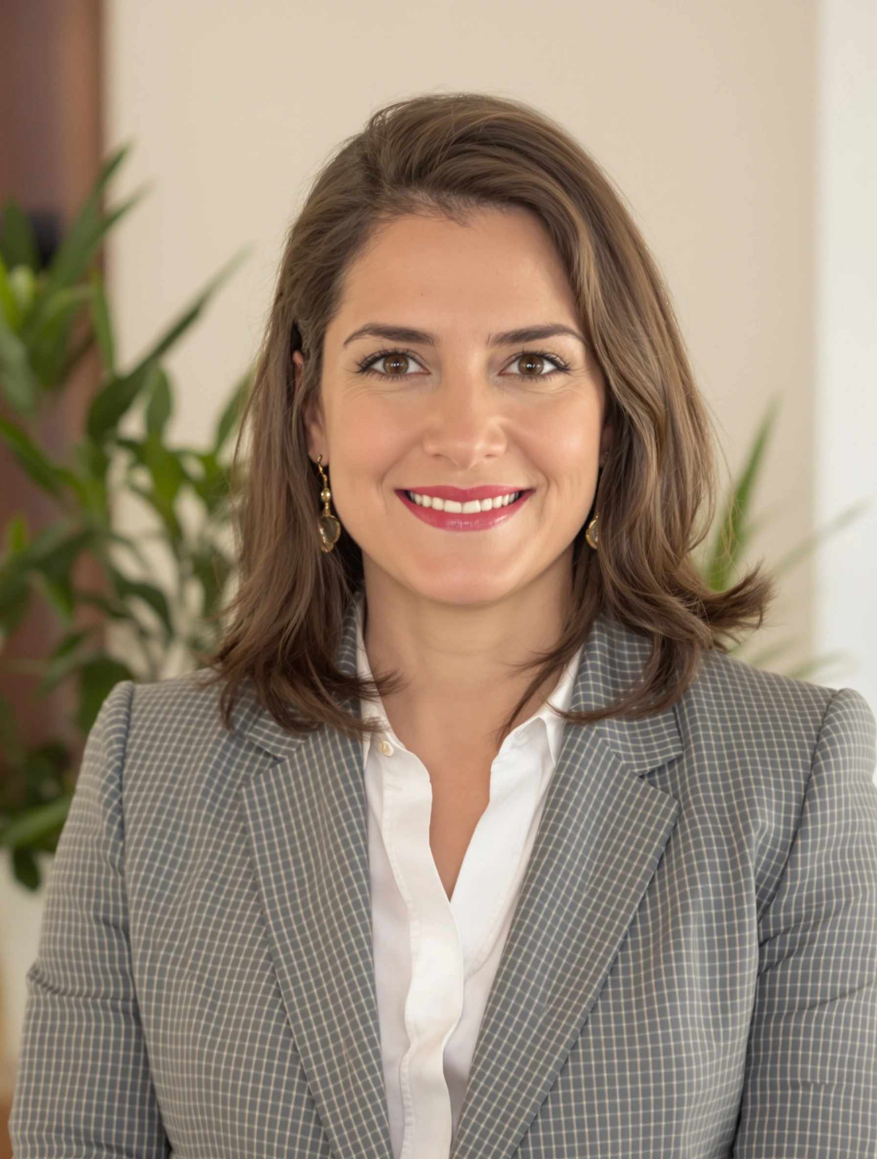 Confident professional woman in business casual attire, warm natural headshot style. Modern office with plants in soft b