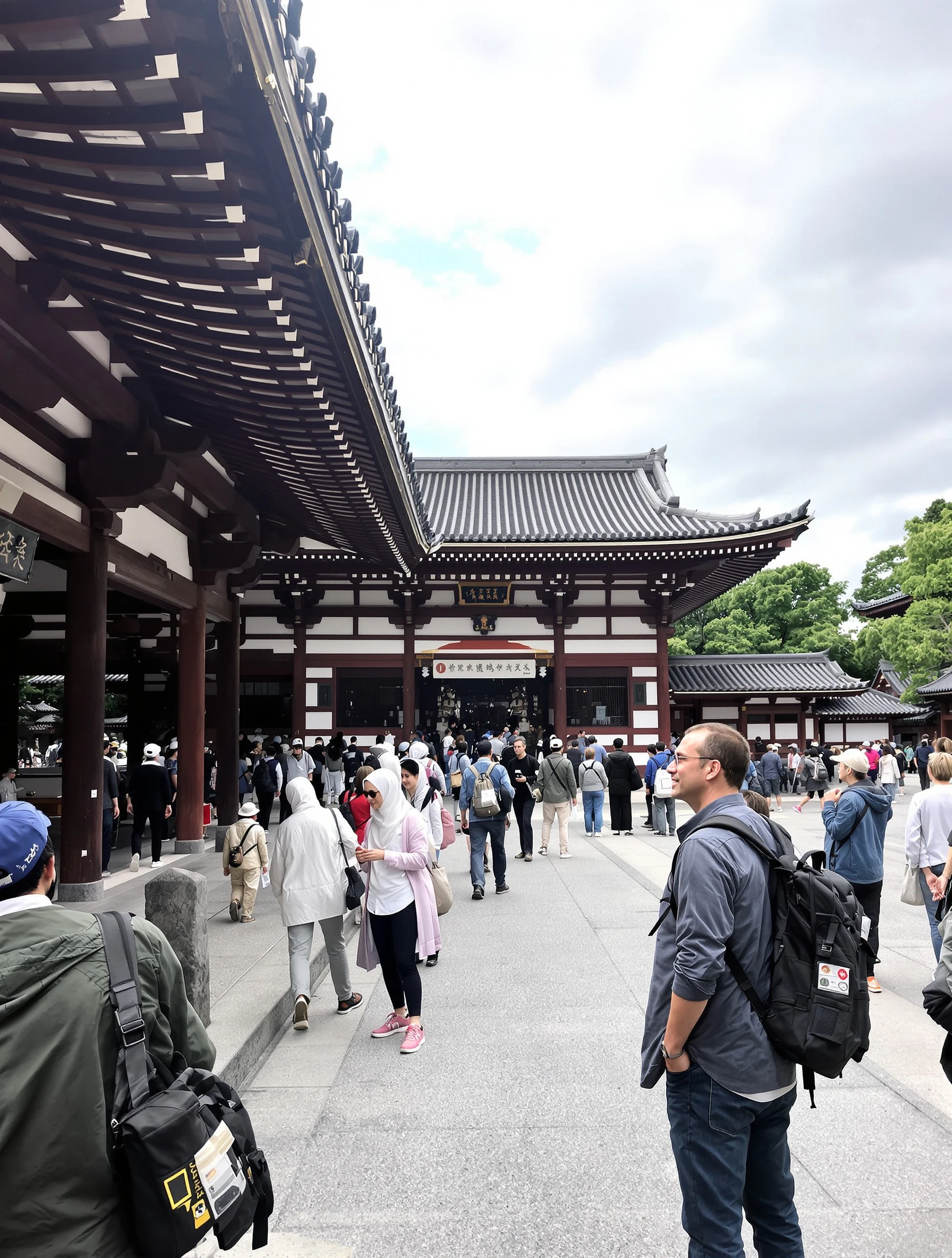 Cultured man exploring a traditional Japanese temple in Kyoto. Respectful casual travel attire, beautiful temple archite