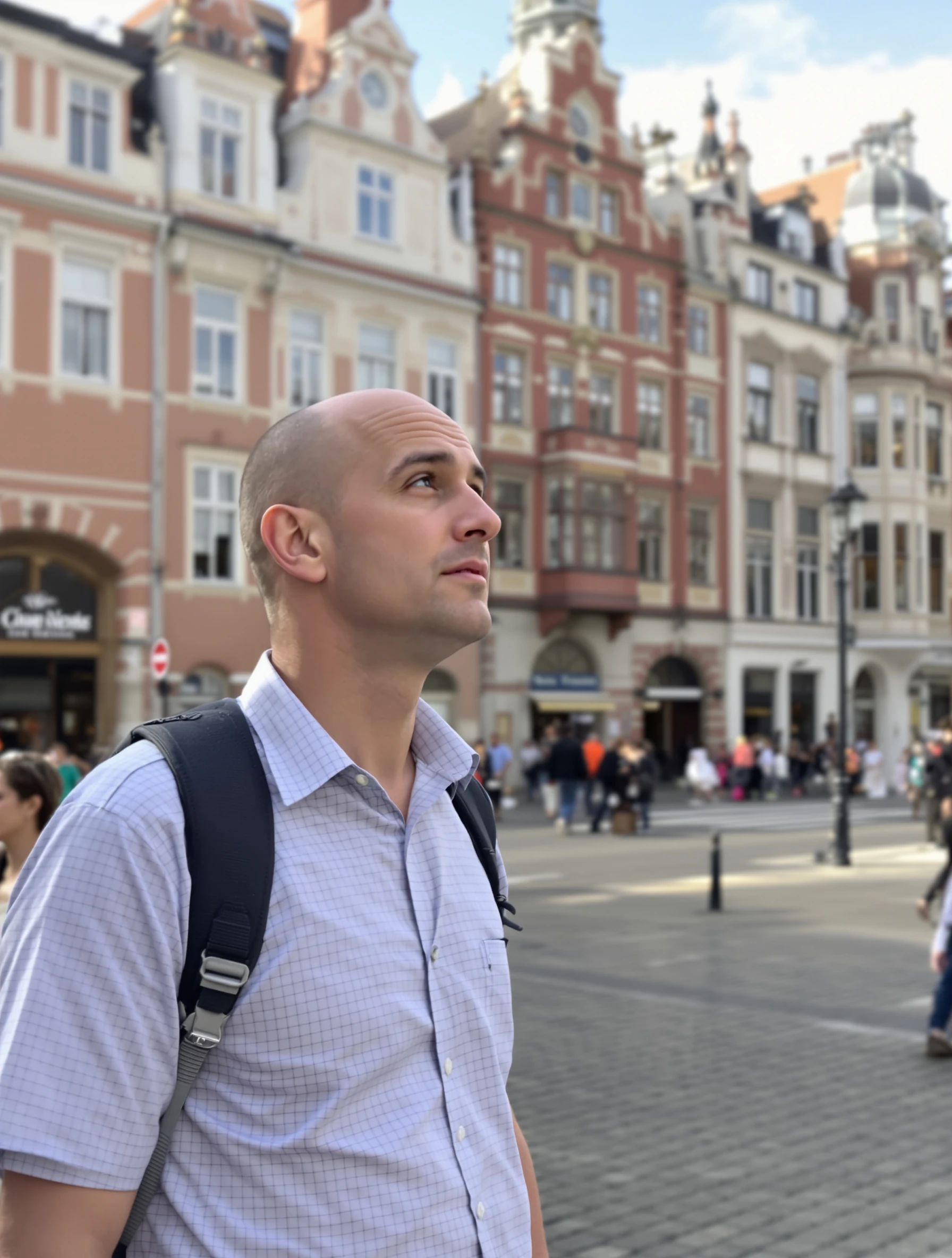 Curious man on an architecture walking tour, admiring historic city buildings. Smart casual tourist attire, interesting 
