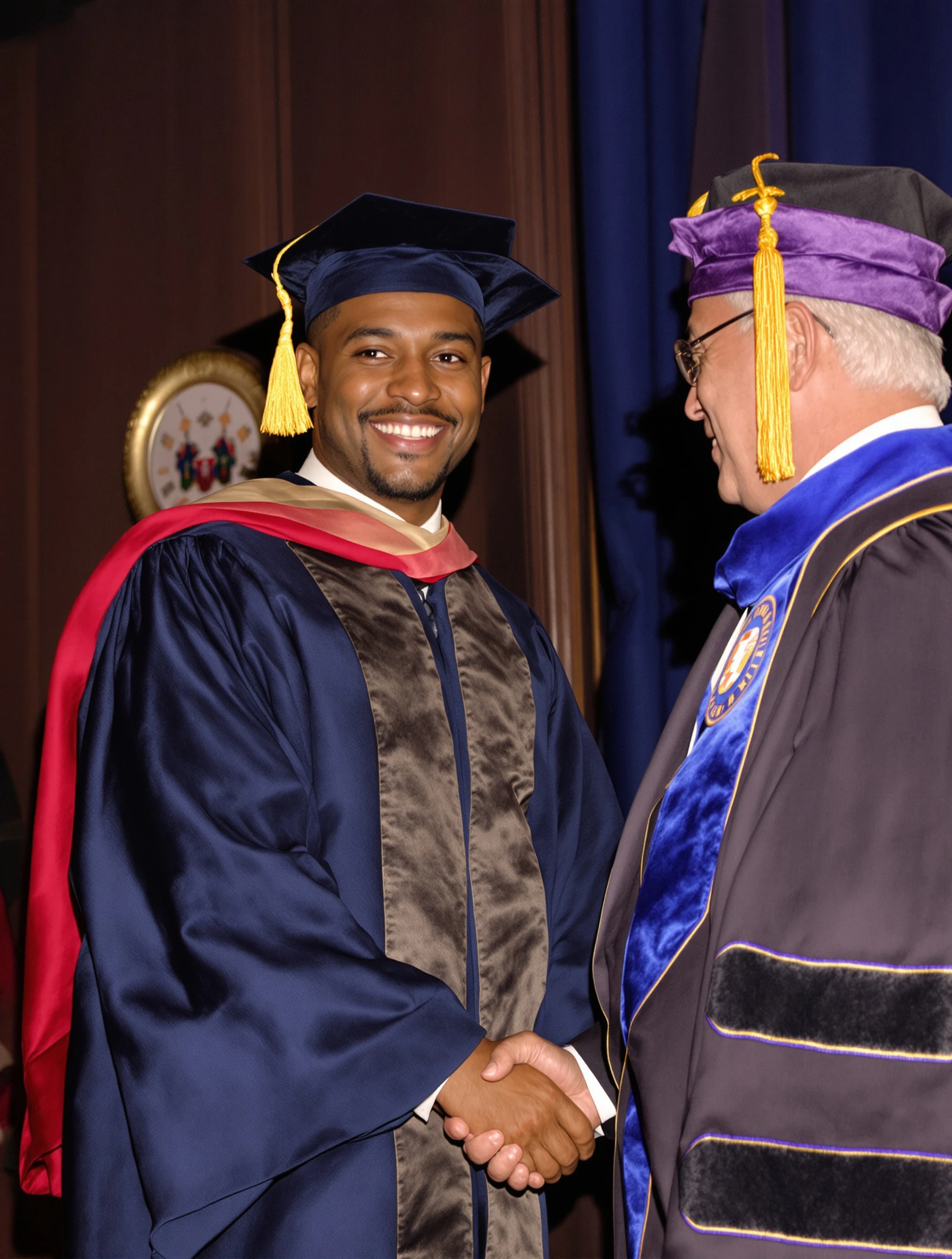 Proud man in graduation regalia receiving master's degree, handshake with dean. Academic robes, proud accomplished smile