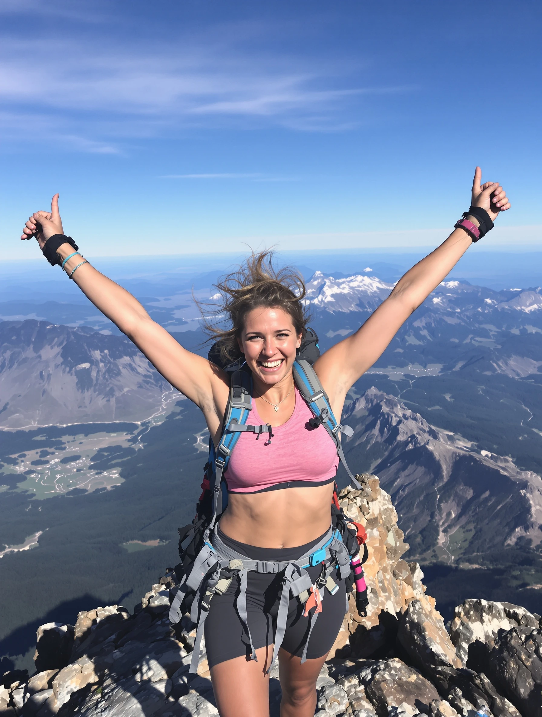 Accomplished woman at a mountain summit, arms raised in triumph with panoramic views. Athletic hiking gear, windswept ha