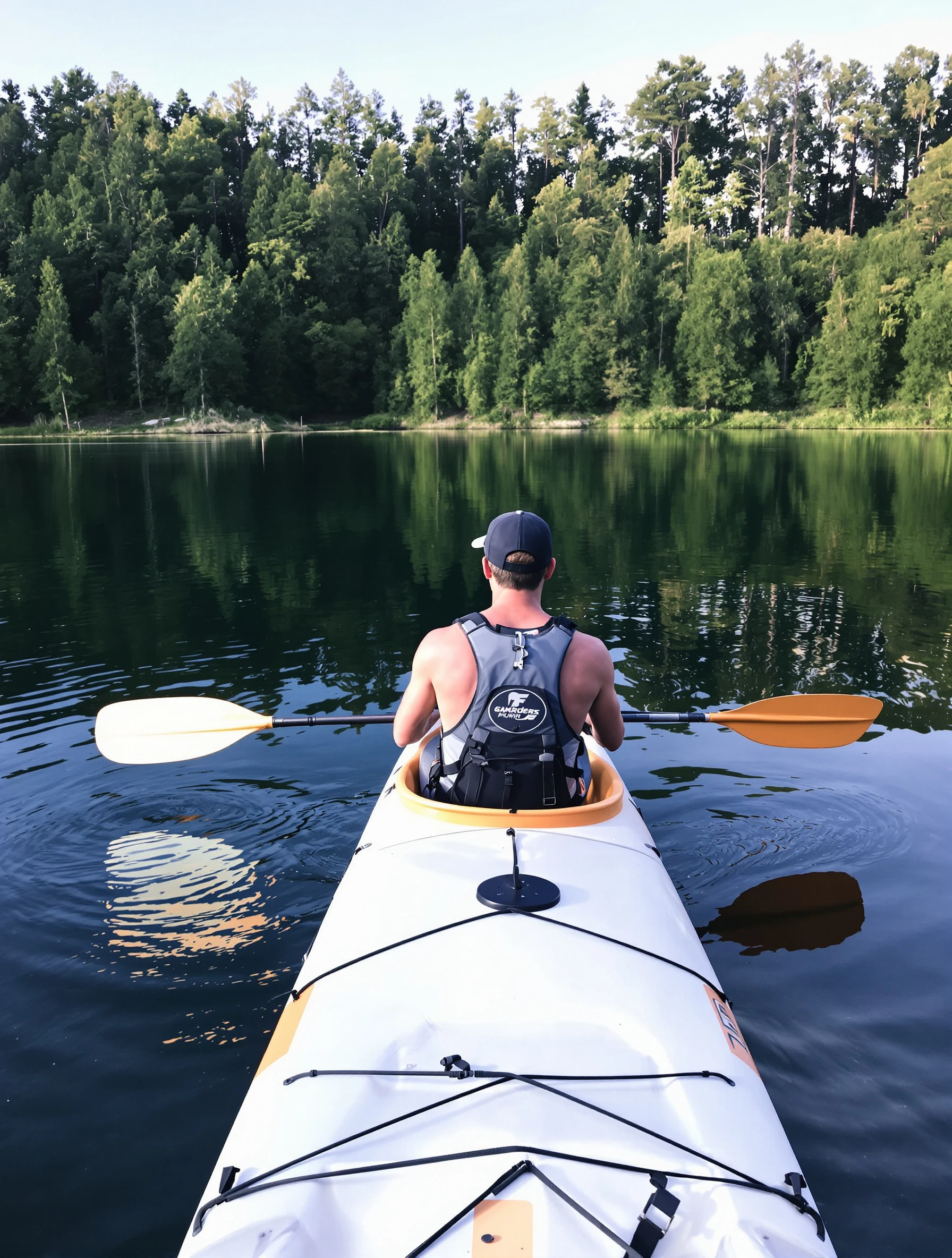 Adventurous man kayaking on a calm lake surrounded by forest, paddle mid-stroke. Athletic casual wear, beautiful nature 