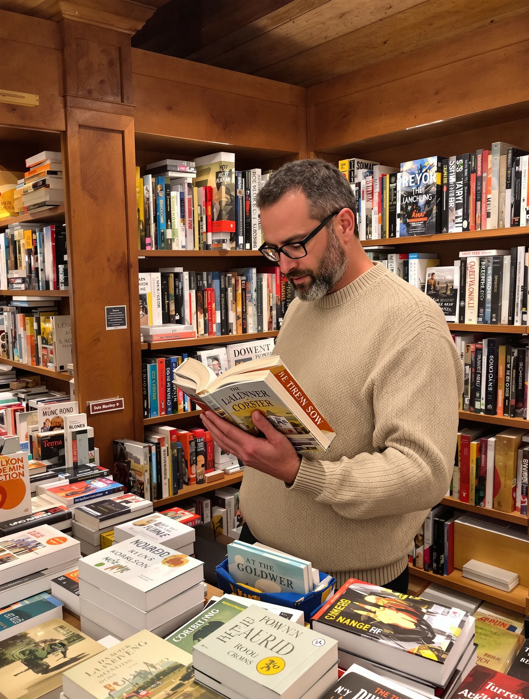 Bookish man browsing shelves in an independent bookstore, holding a stack of books. Cozy sweater and glasses, warm wood 
