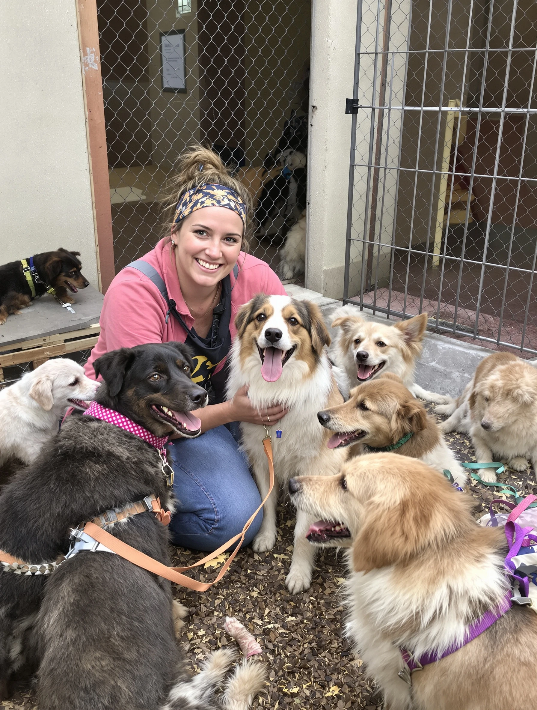 Caring woman volunteering at an animal shelter, surrounded by happy dogs and cats. Casual comfortable clothes, genuine w