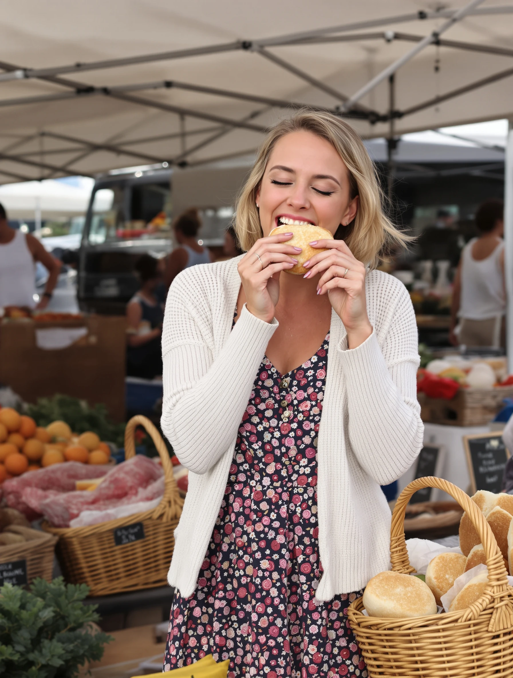 Cheerful woman at Sunday farmers market, biting into fresh bread with closed eyes. Casual dress with cardigan, wicker ba