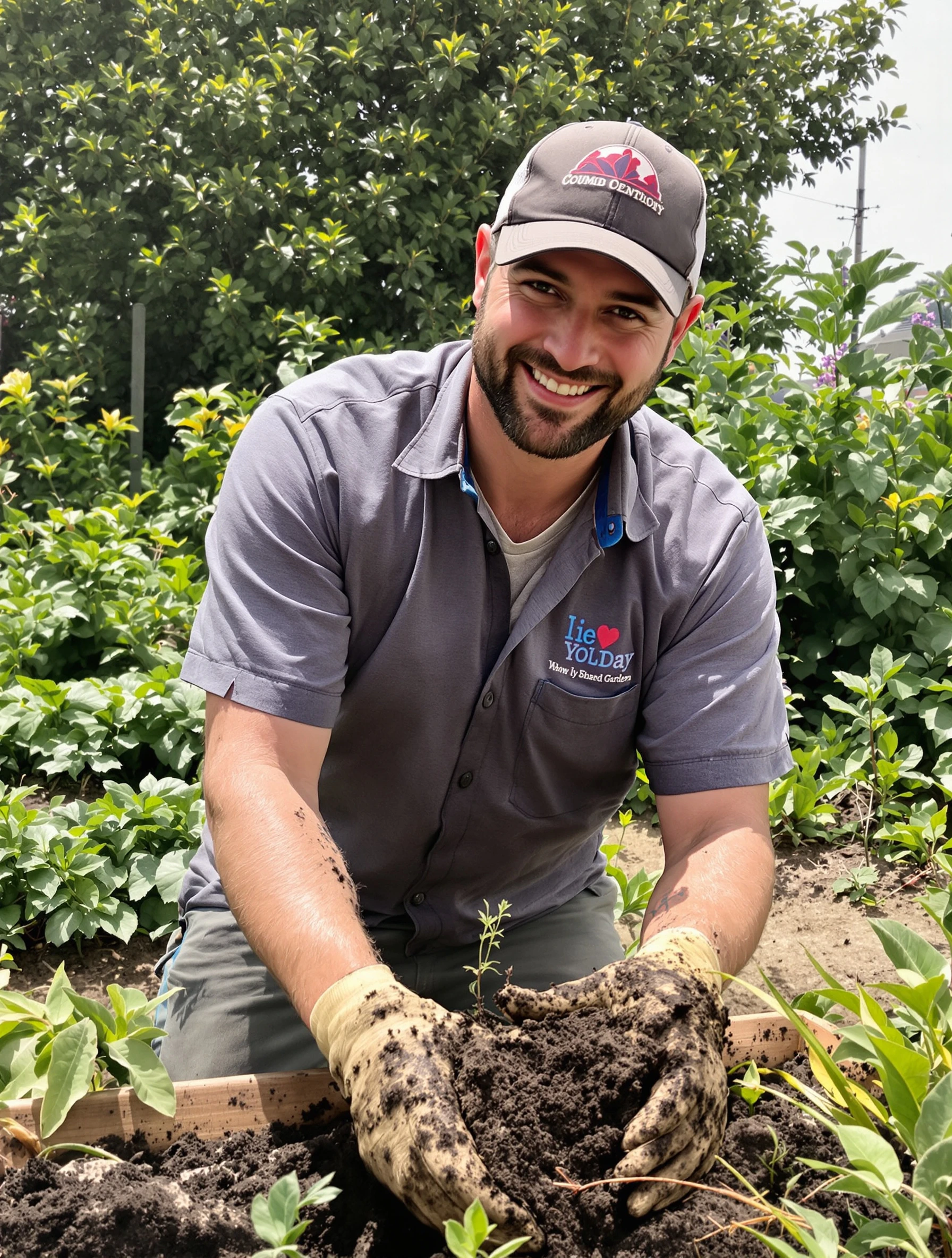 Compassionate man volunteering at a community garden, dirt on his hands, genuine smile. Casual work clothes, lush green 