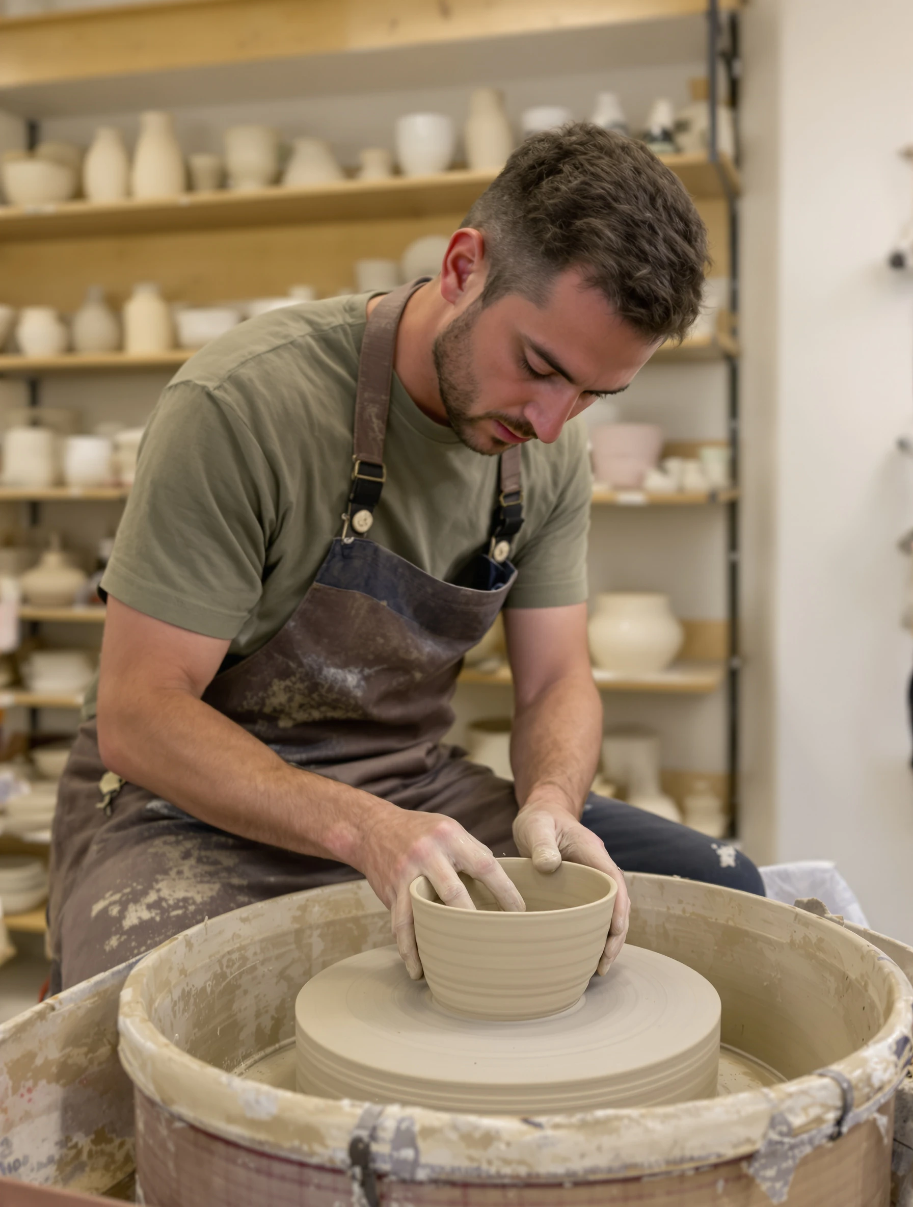 Creative man at a pottery wheel, hands covered in clay shaping a bowl. Casual work apron, focused artistic expression, w