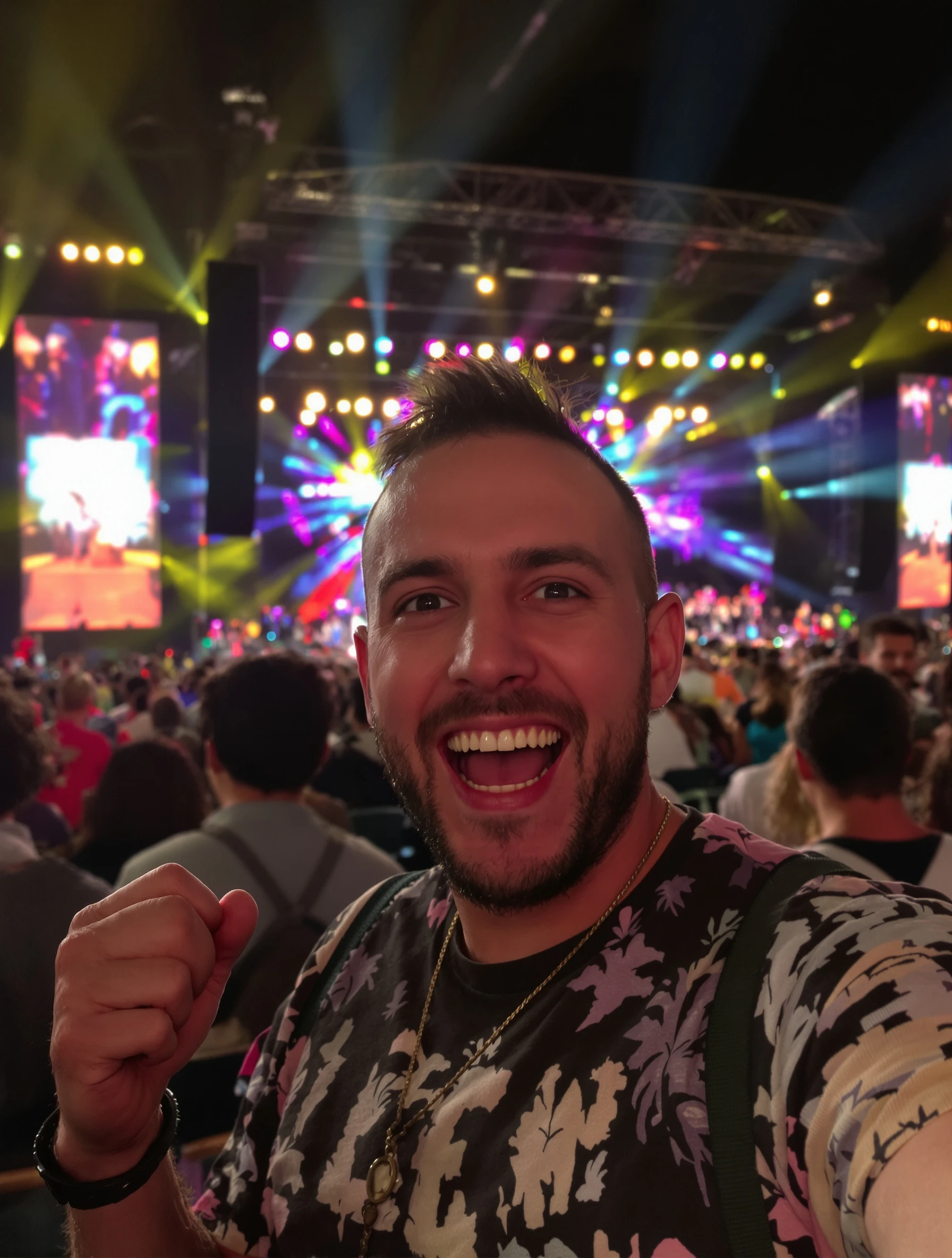 Energetic man at a live music concert, enjoying the performance with friends. Casual concert attire, colorful stage ligh