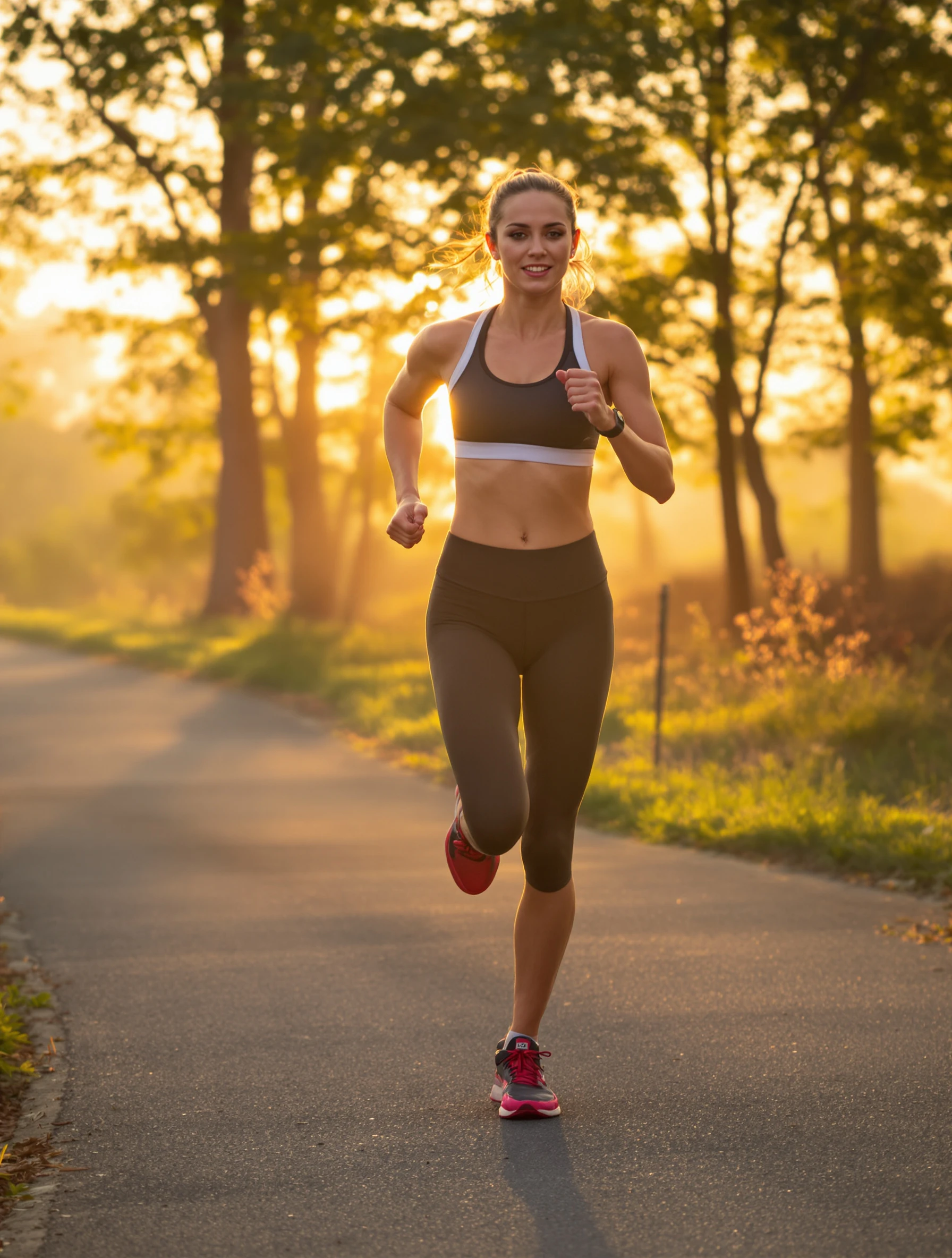 Fit woman jogging at sunrise along a scenic path, morning golden light behind her. Athletic wear, focused determined exp