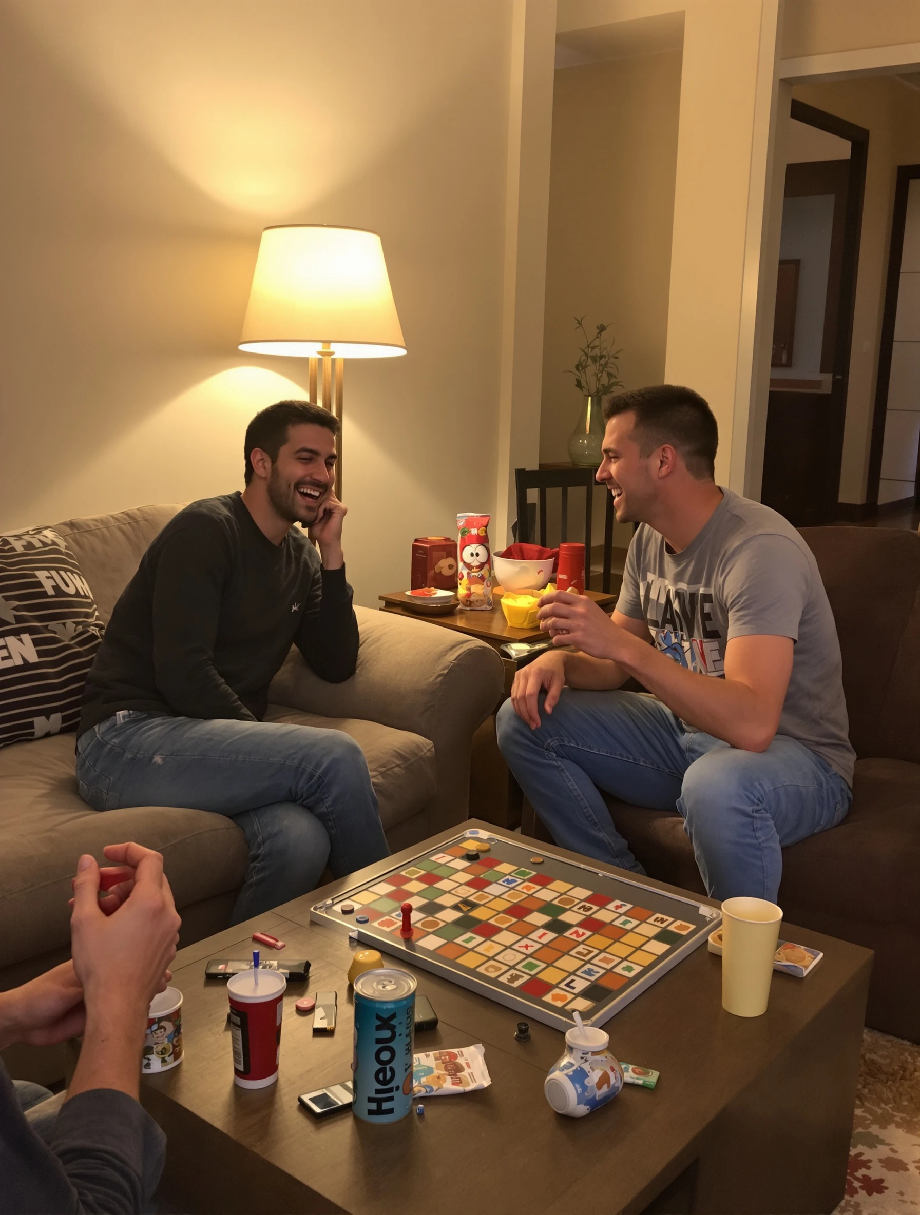 Fun-loving man playing board games with friends in a cozy living room, mid-laugh. Comfortable casual clothes, warm lamp 