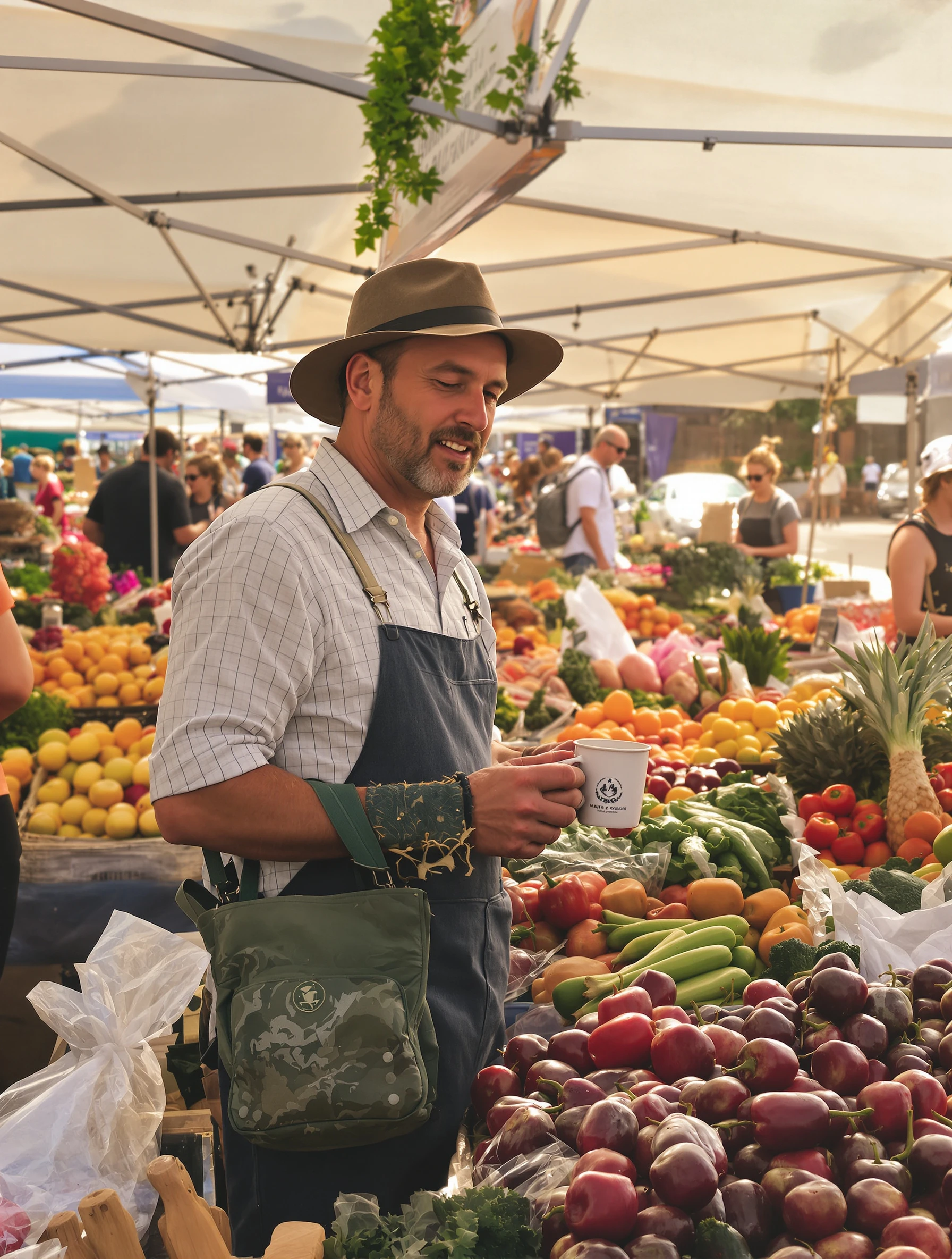 Relaxed man at a farmers market on weekend morning, holding fresh coffee and browsing produce. Casual weekend outfit, go