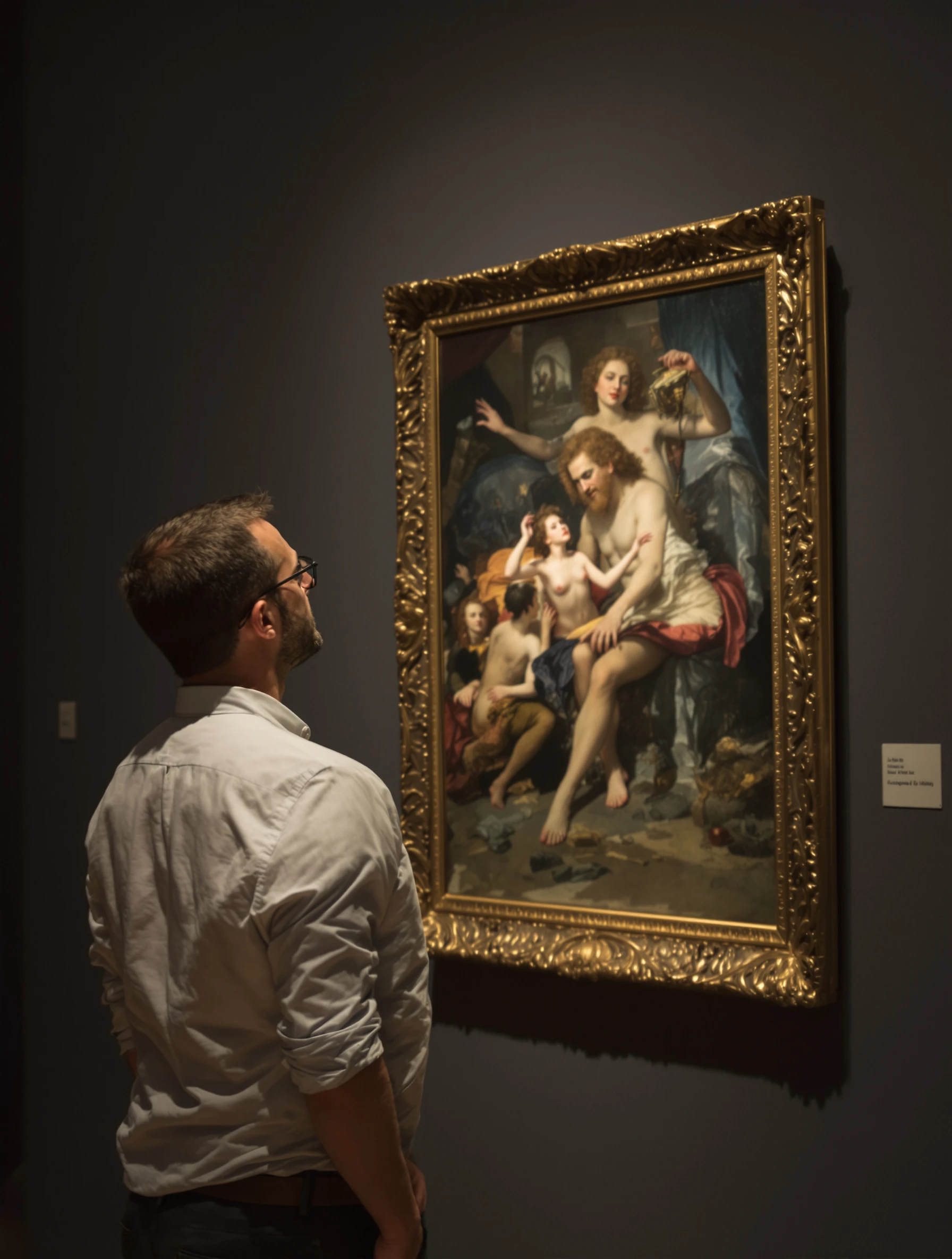 Thoughtful man studying a painting at an art museum, hands clasped behind his back. Smart casual attire, dramatic galler