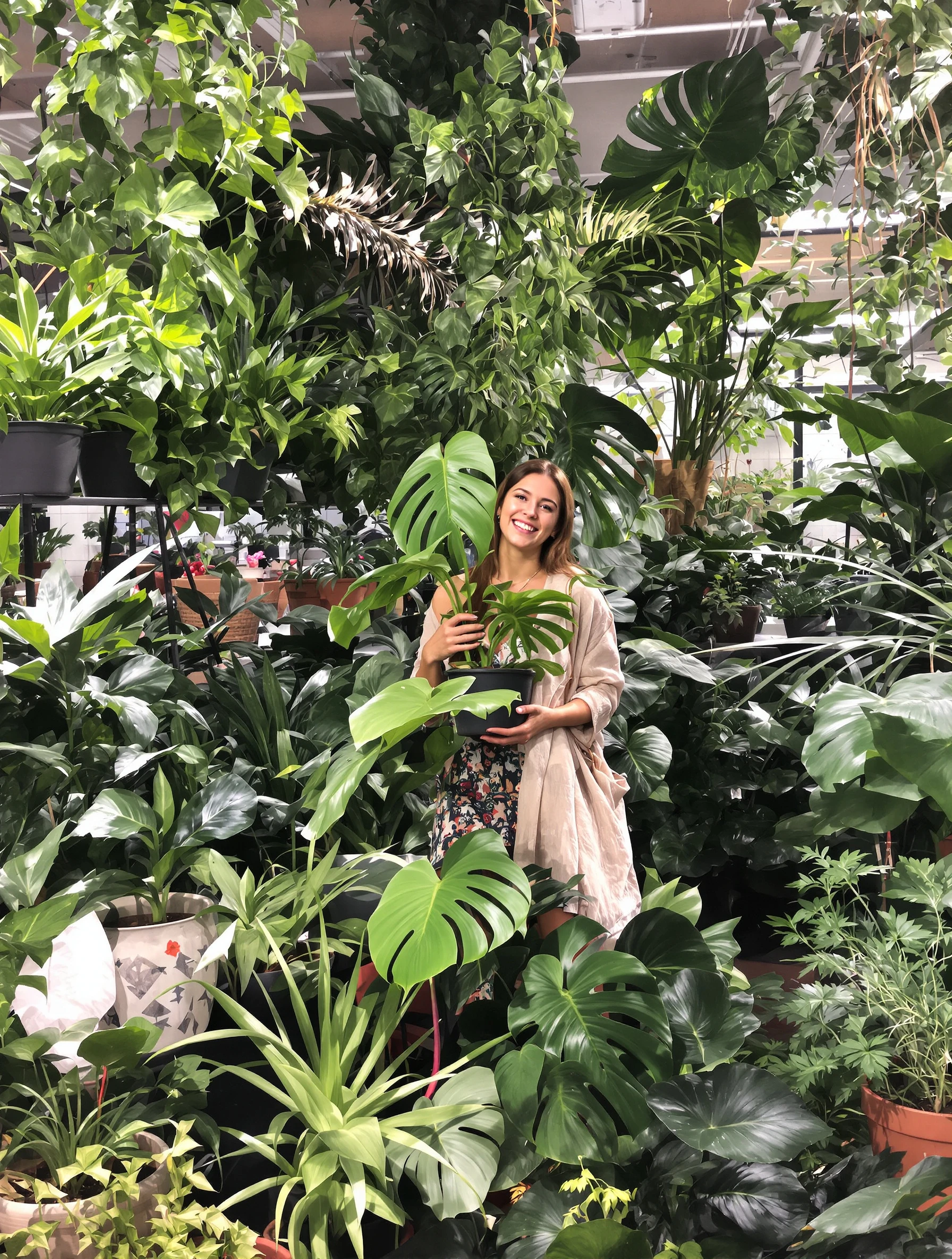 Woman happily browsing in a plant shop surrounded by lush houseplants. Casual boho outfit, holding a potted monstera, gr