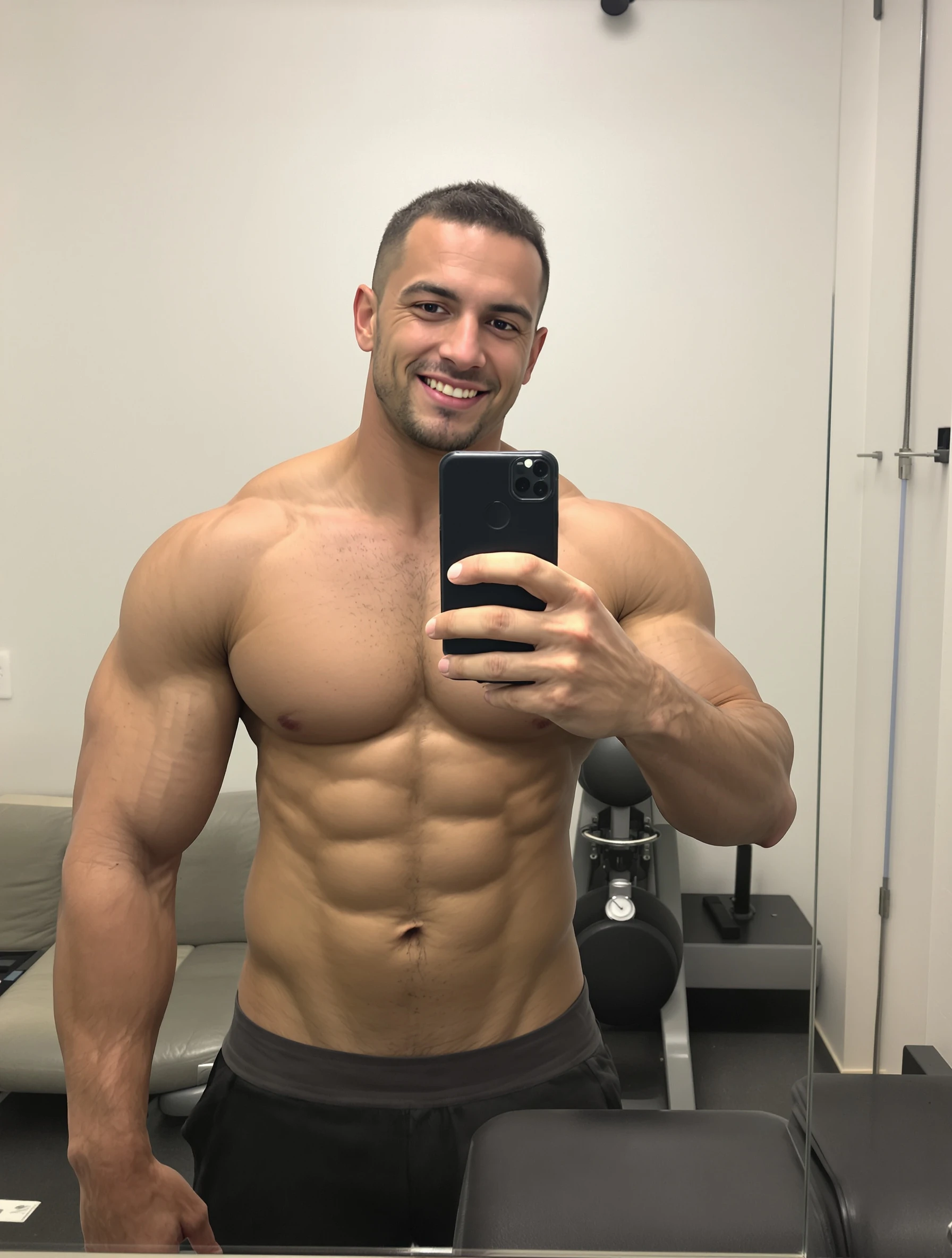 Fit man taking progress photo at gym mirror after workout. Muscular defined physique, gym lighting, confident accomplished expression, fitness dedication visible.