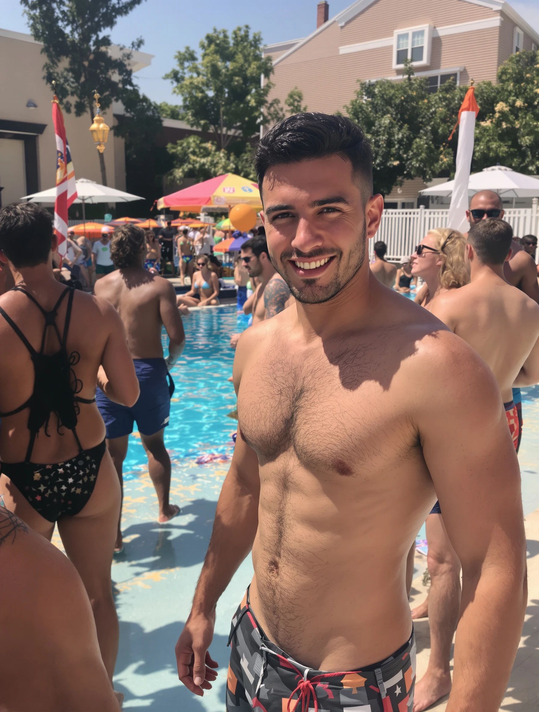 Man at a summer pool party, shirtless and socializing with friends. Fit casual build, fun party atmosphere, poolside setting, relaxed happy vibe.