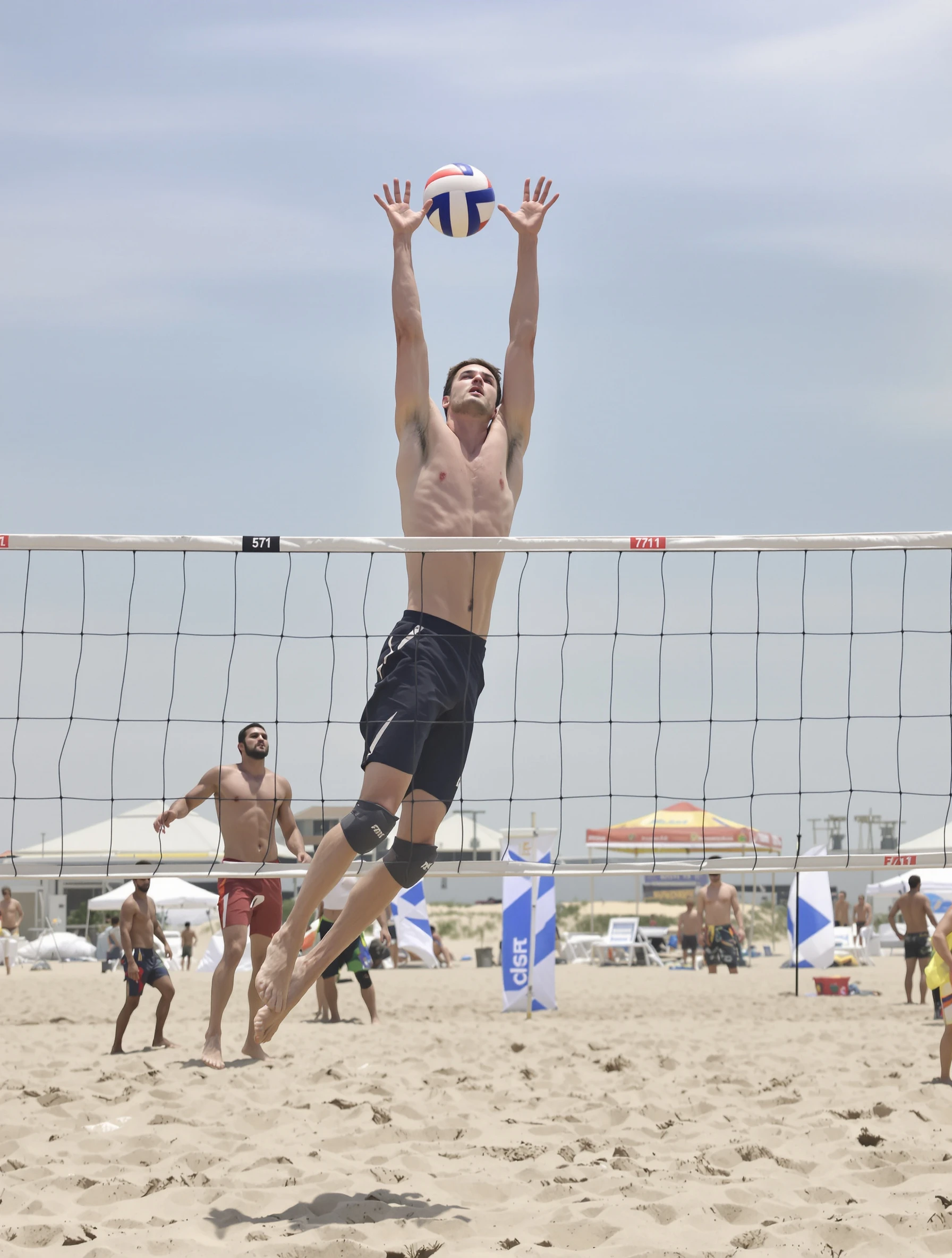 Sporty man playing beach volleyball, athletic jump to spike the ball. Fit shirtless physique, sandy beach, action shot, competitive sports energy.