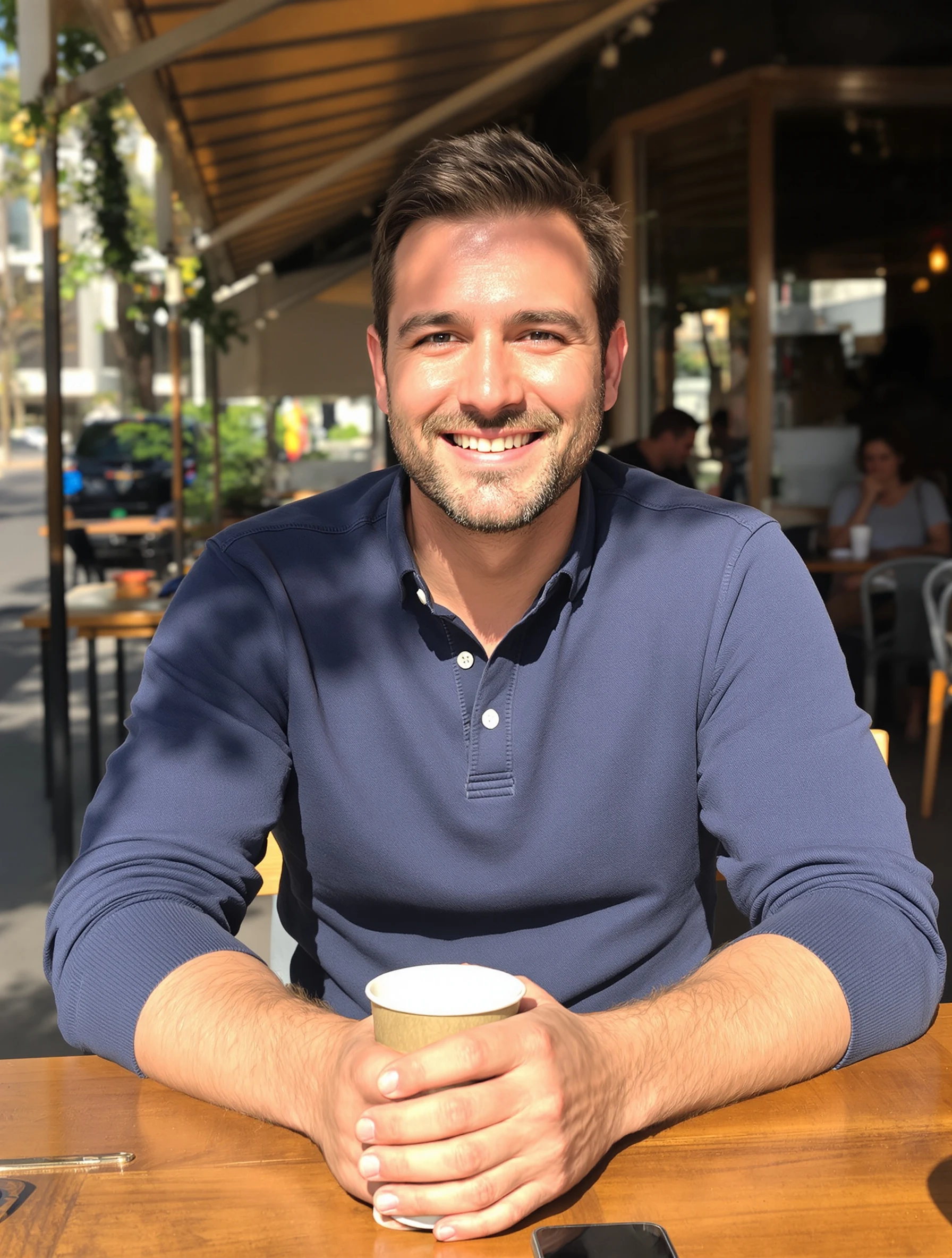 A confident man in his late 20s sitting at an outdoor cafe table, wearing a casual navy henley shirt. Warm afternoon sun