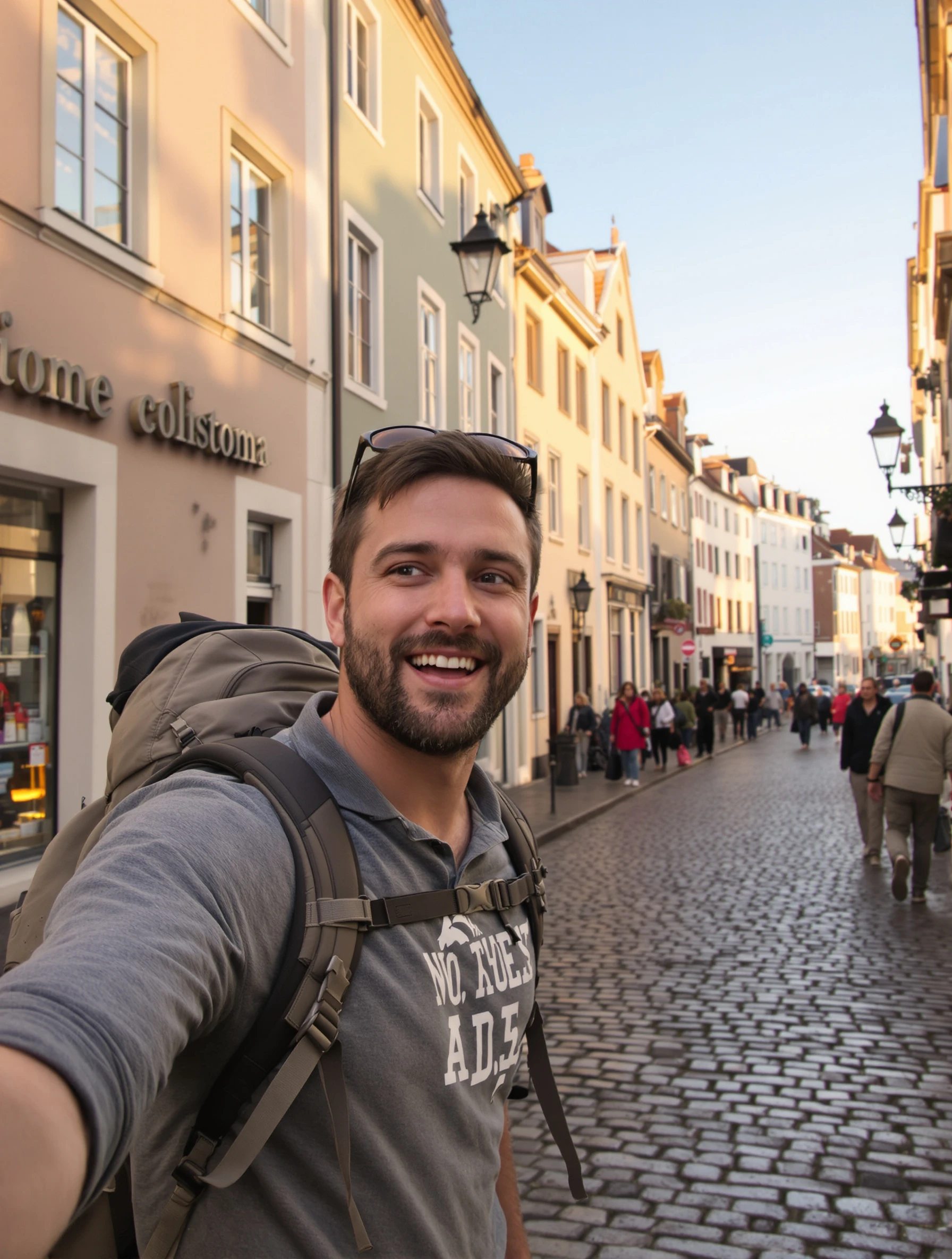 Adventurous man with a travel backpack exploring a charming European cobblestone street. Golden hour lighting, casual tr