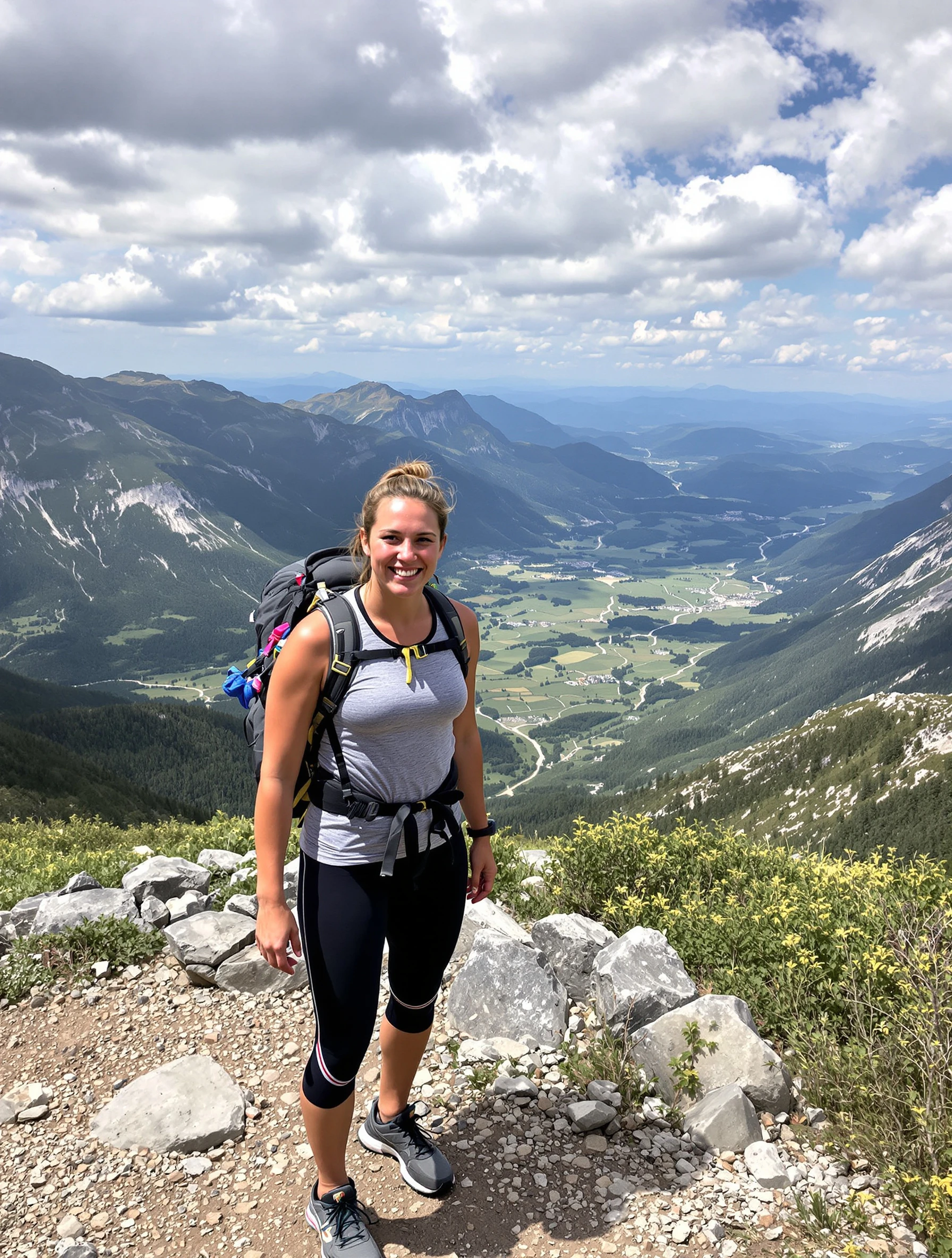 Athletic woman hiking in the mountains, pausing at a scenic overlook with breathtaking valley views. Fitted hiking attir