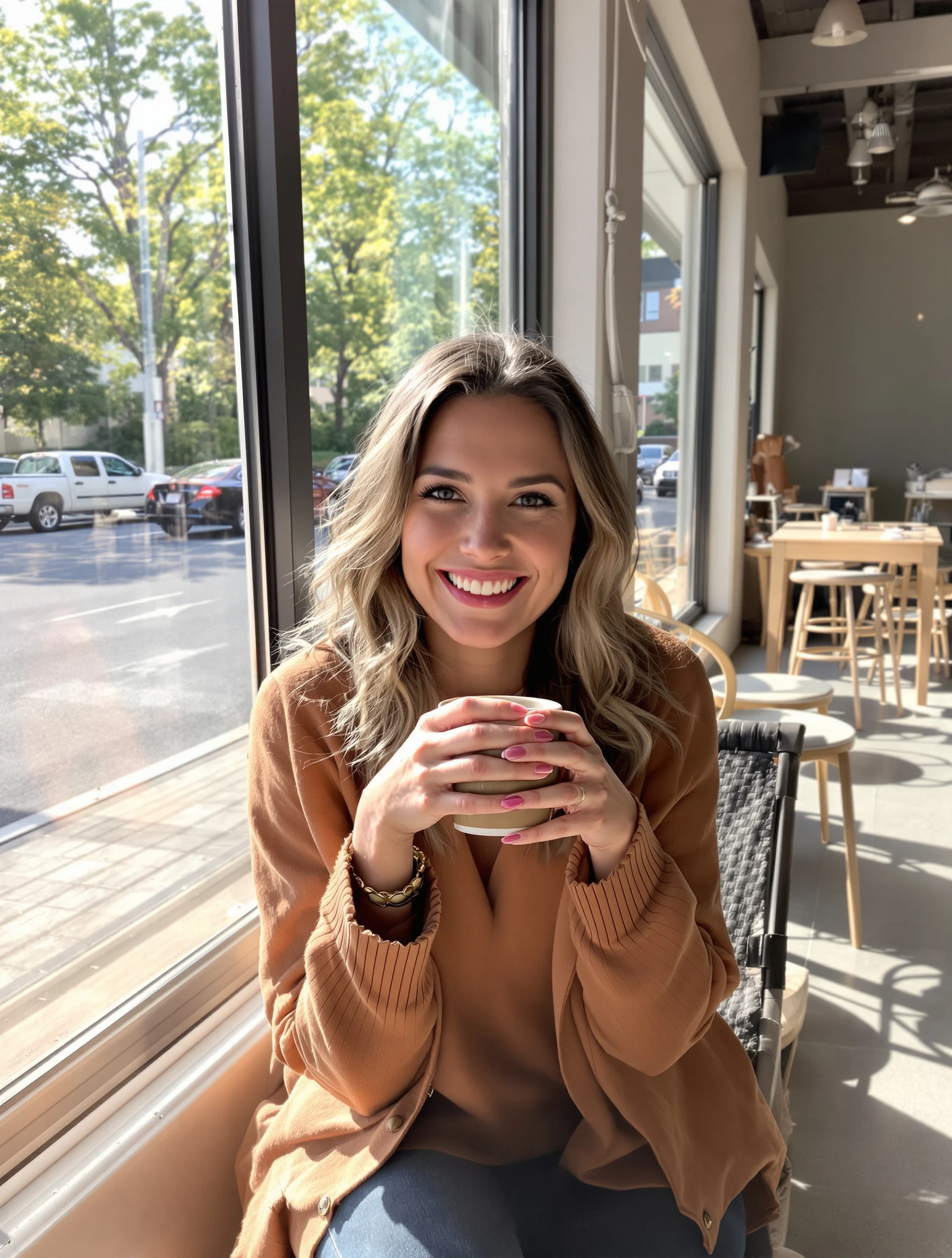 Beautiful woman with a natural smile sitting in a sunlit coffee shop, morning light streaming through large windows. Cas