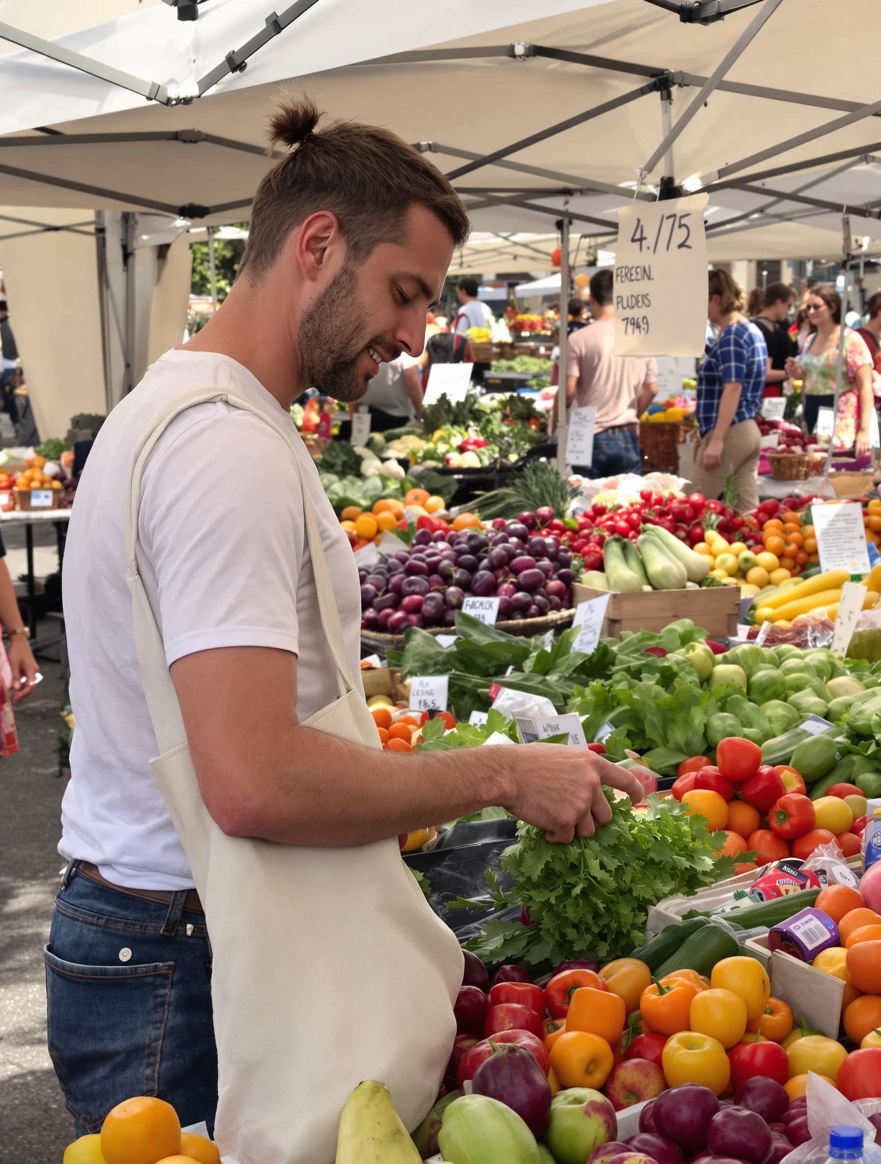 Casual man browsing fresh produce at a farmers market on a sunny morning. Wearing a simple white t-shirt and jeans, canv