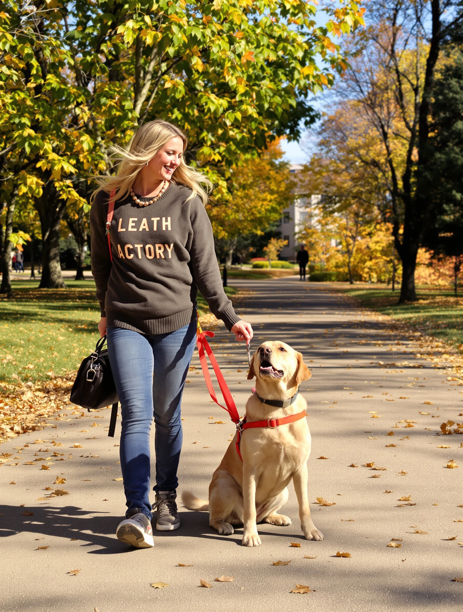 Casual woman walking her adorable labrador in a sunny park, wearing comfortable jeans and a cozy sweater. Dog looking up