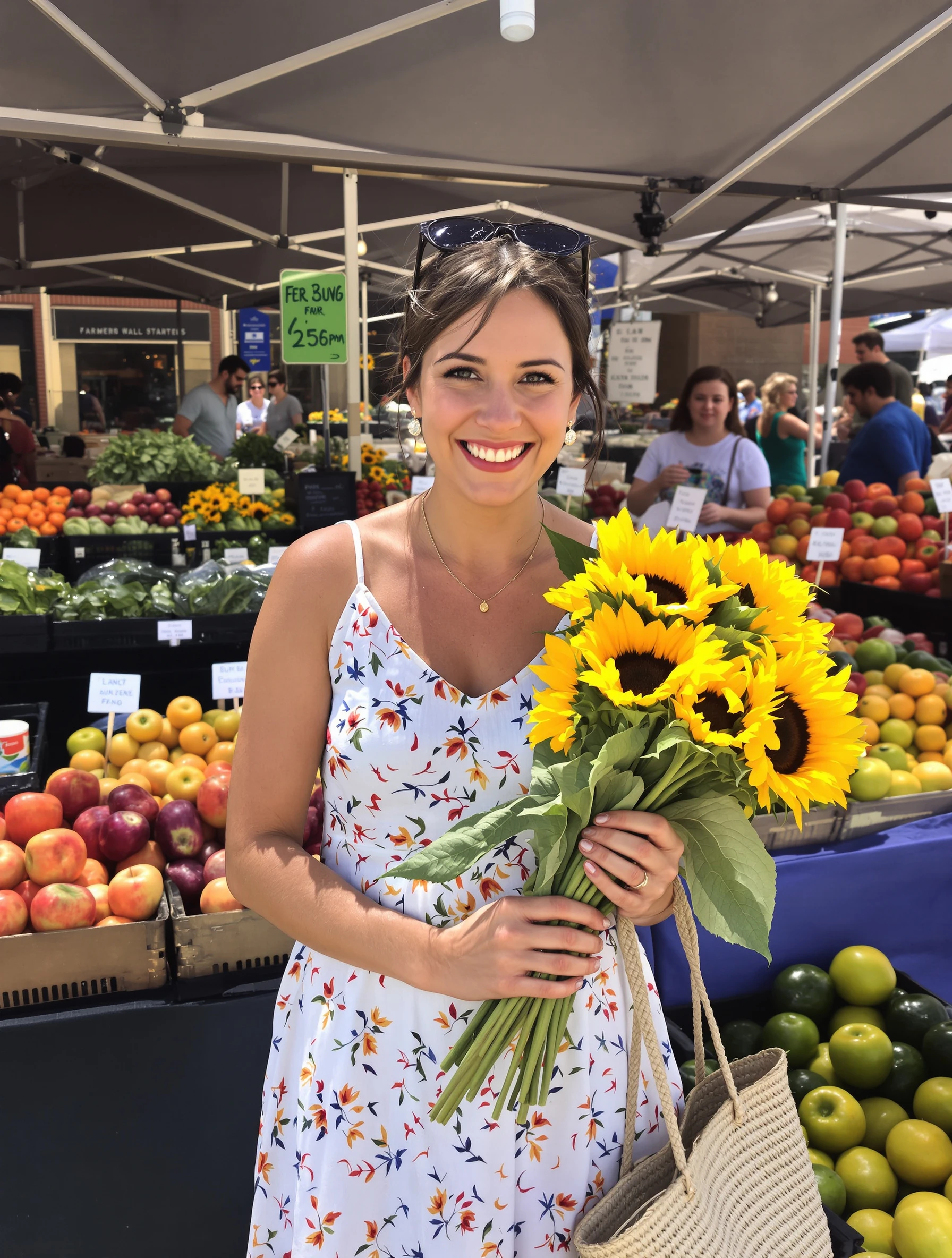 Cheerful woman at a farmers market holding a bouquet of sunflowers, surrounded by colorful produce. Casual sundress, str