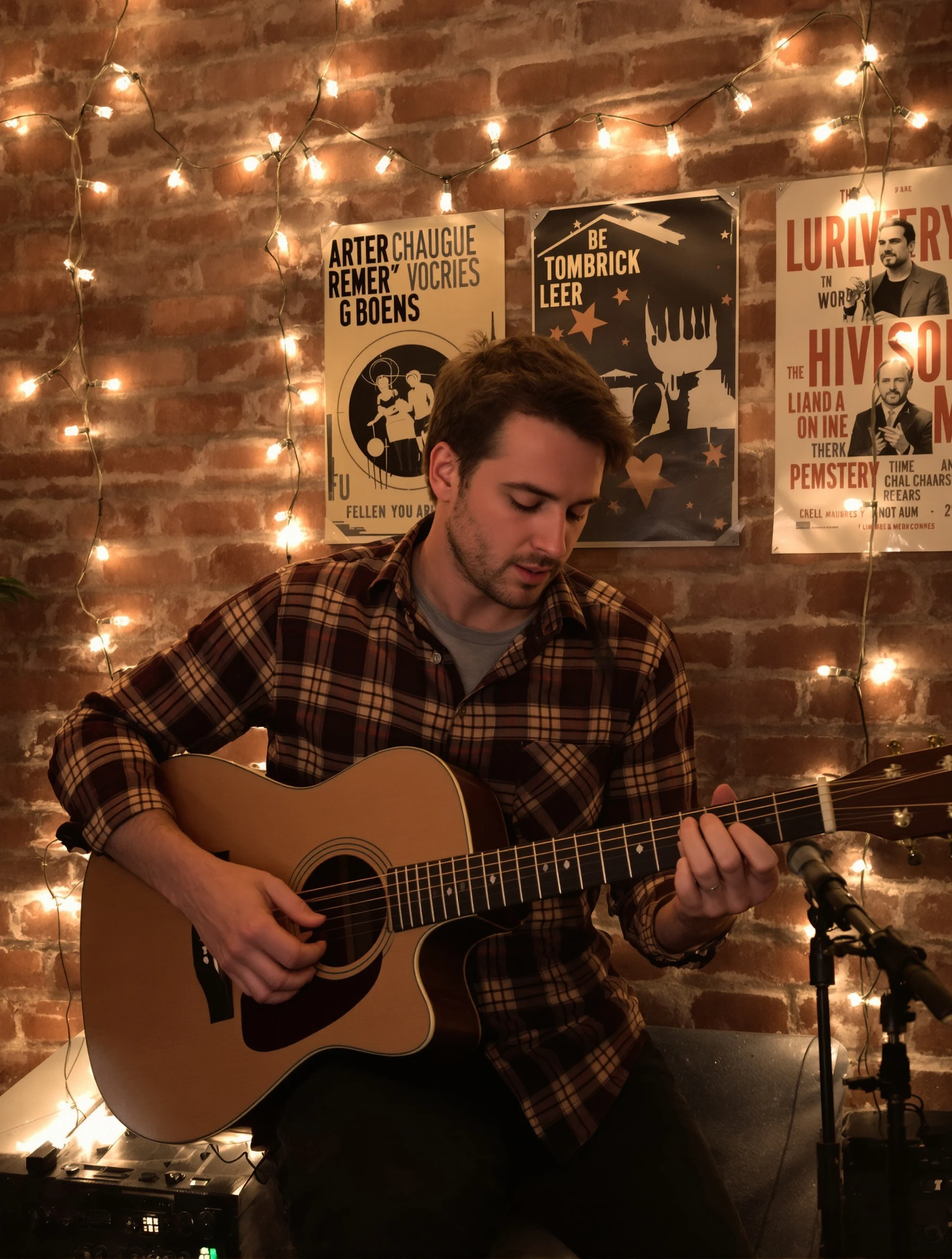 Creative man playing acoustic guitar in a cozy music room with warm string lights. Focused and passionate expression, ca