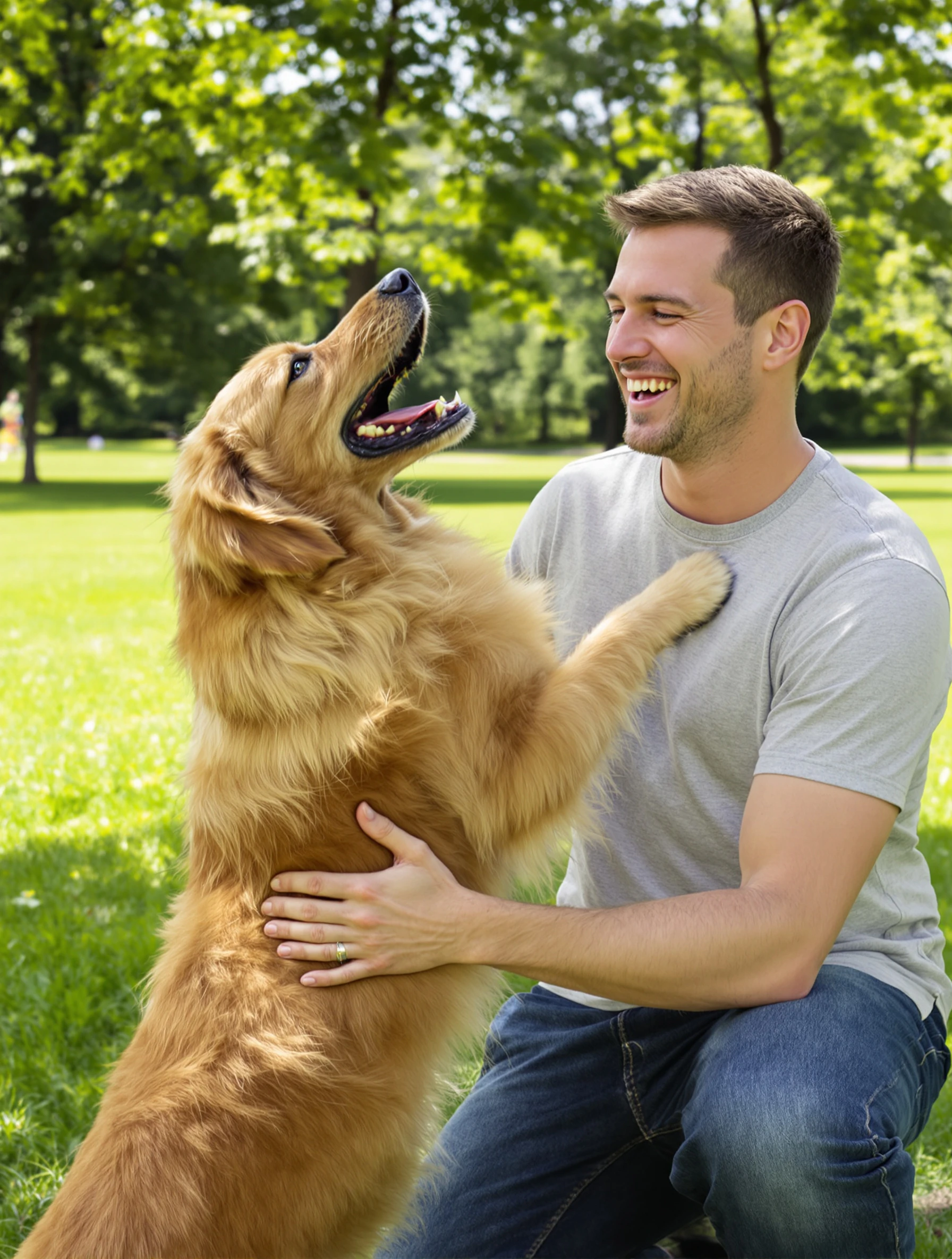 Friendly man at a sunny park playing with his golden retriever, genuine laughing smile. Casual jeans and t-shirt, dog ju