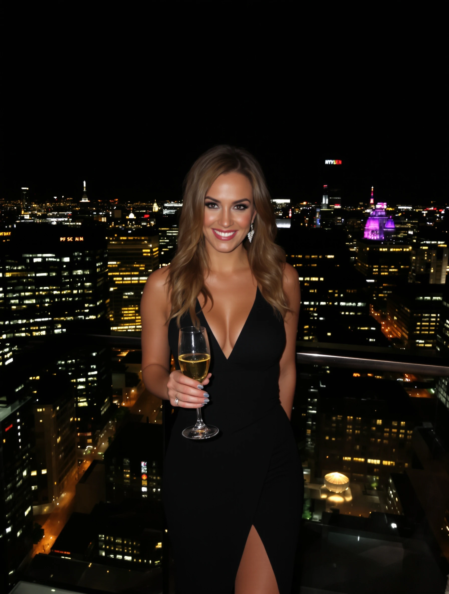 Glamorous woman at a rooftop bar with city skyline at night, wearing an elegant cocktail dress. Twinkling city lights be