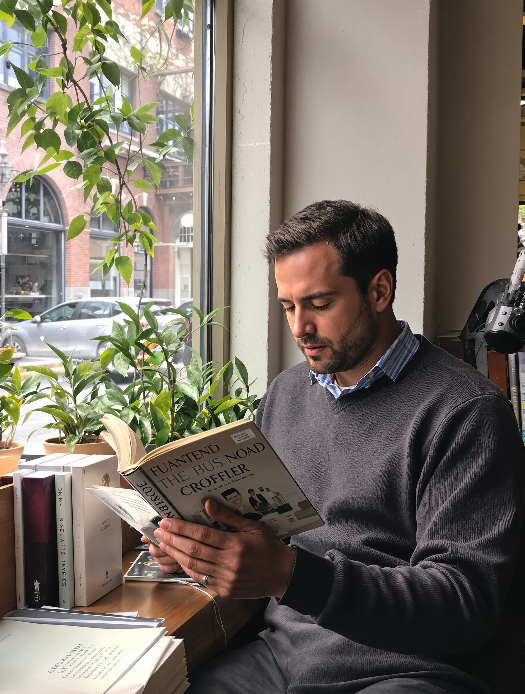 Intellectual-looking man reading a book by a large window in a cozy coffee shop. Soft natural light illuminates his thou