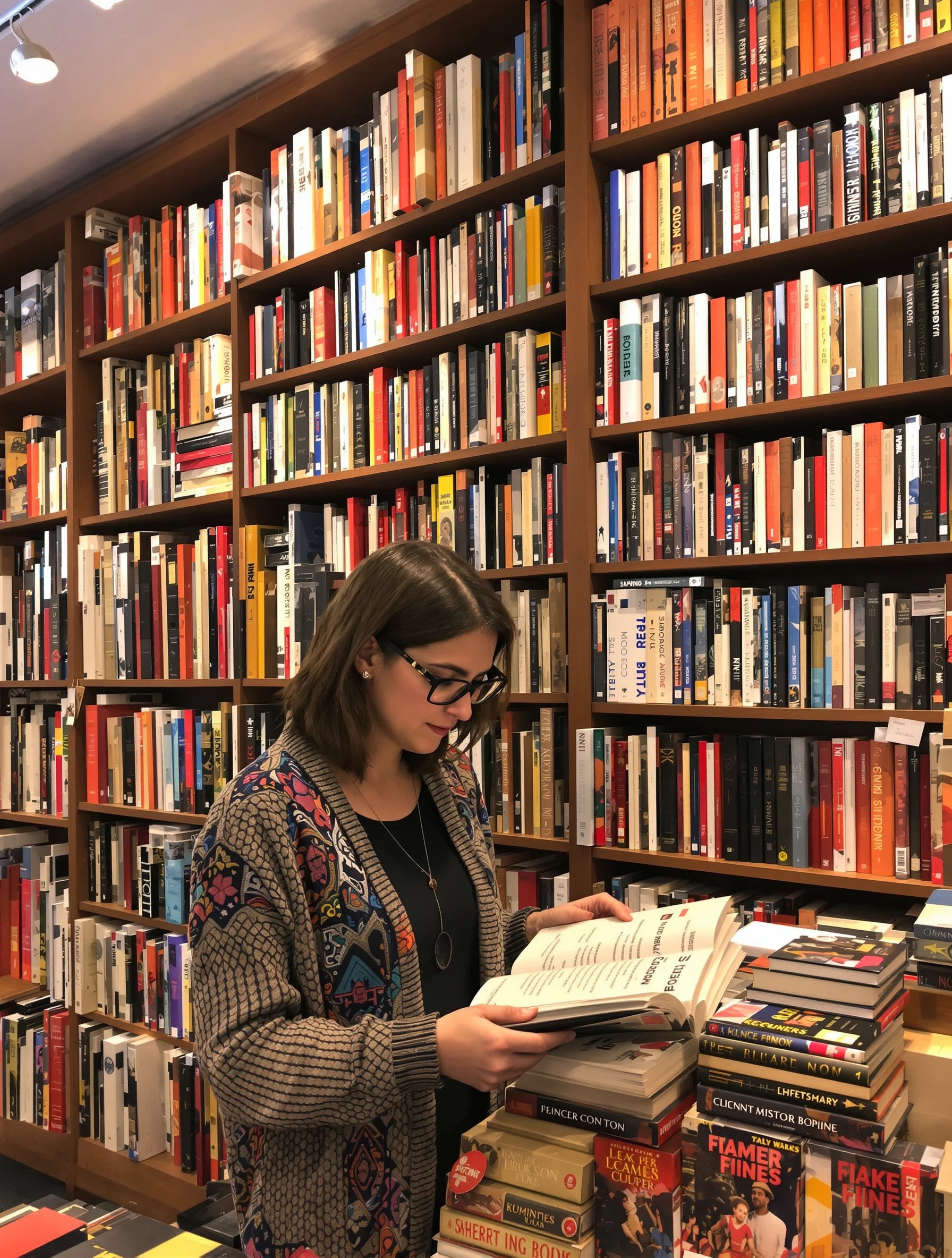 Intellectual woman browsing books in a charming old bookstore, wearing cute reading glasses. Cozy cardigan, surrounded b