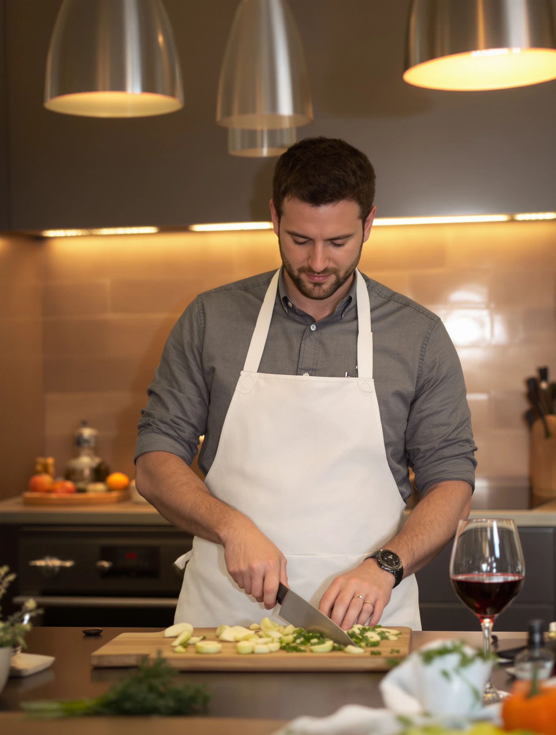 Man cooking in a modern kitchen, wearing an apron over casual clothes, glass of red wine nearby. Warm overhead lighting,