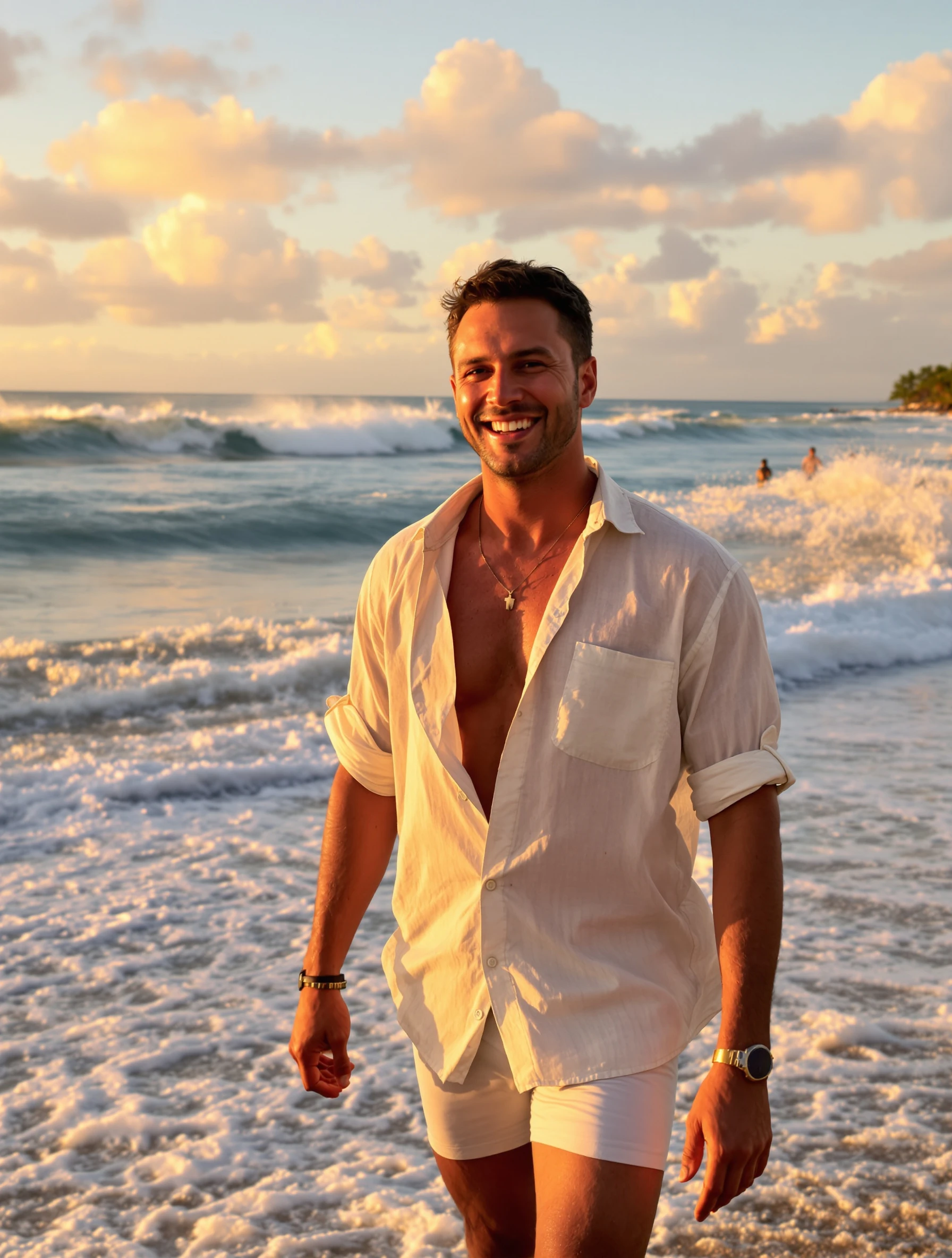 Relaxed man walking along a tropical beach at sunset, wearing an unbuttoned linen shirt over swim trunks. Waves crash ge