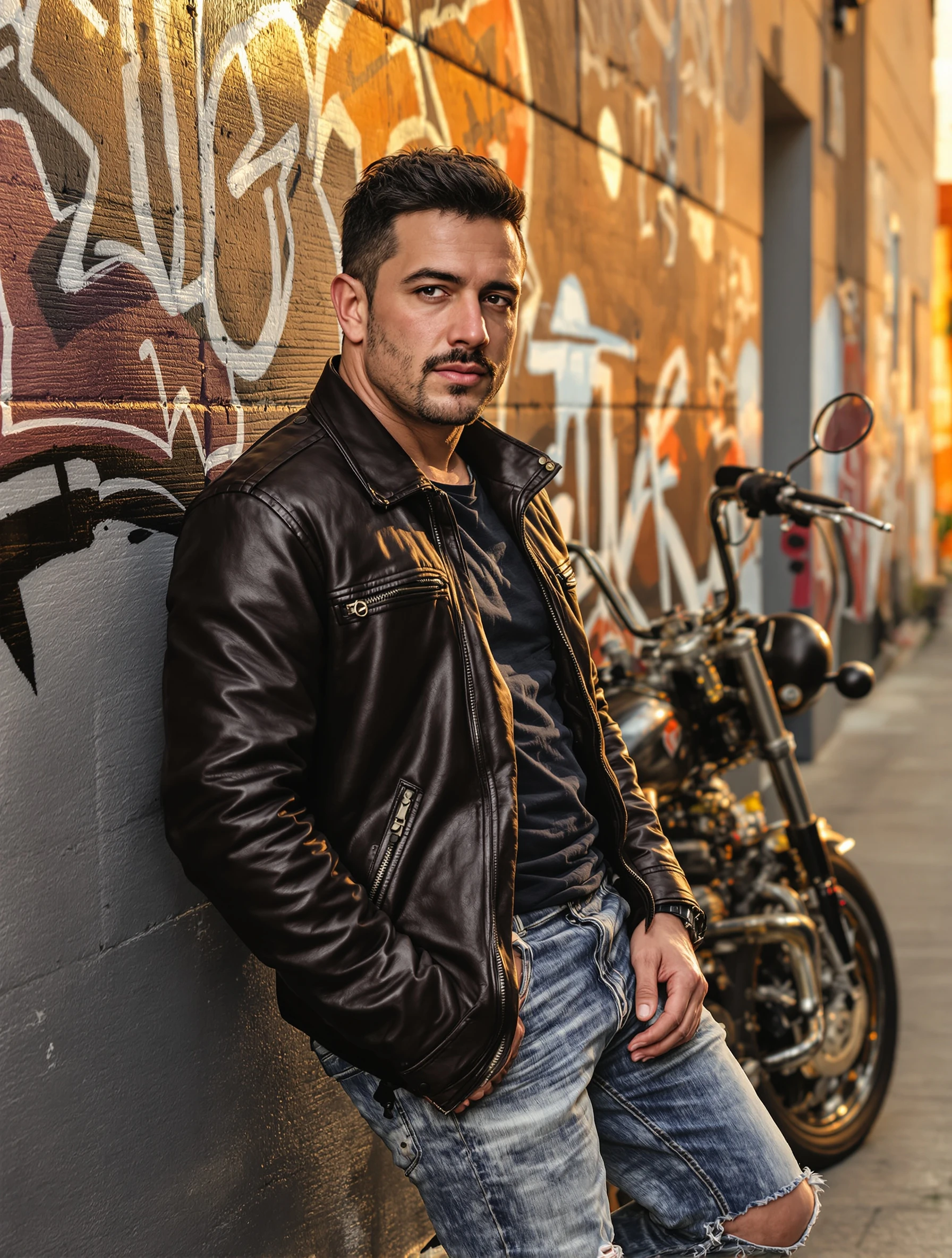 Rugged man leaning against a vintage motorcycle, wearing a classic leather jacket. Urban alley background with interesti