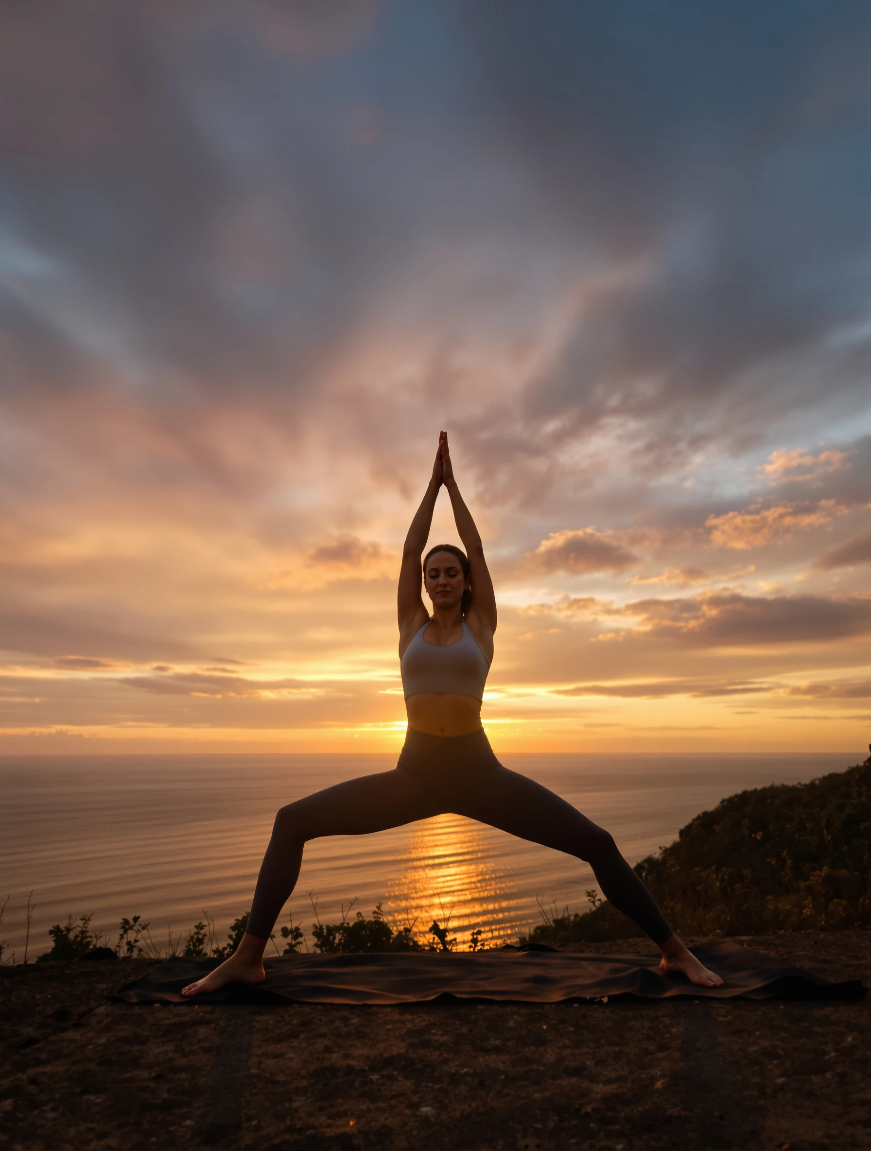 Serene woman practicing yoga on a clifftop at sunset, in a graceful warrior pose. Fitted yoga attire, peaceful expressio