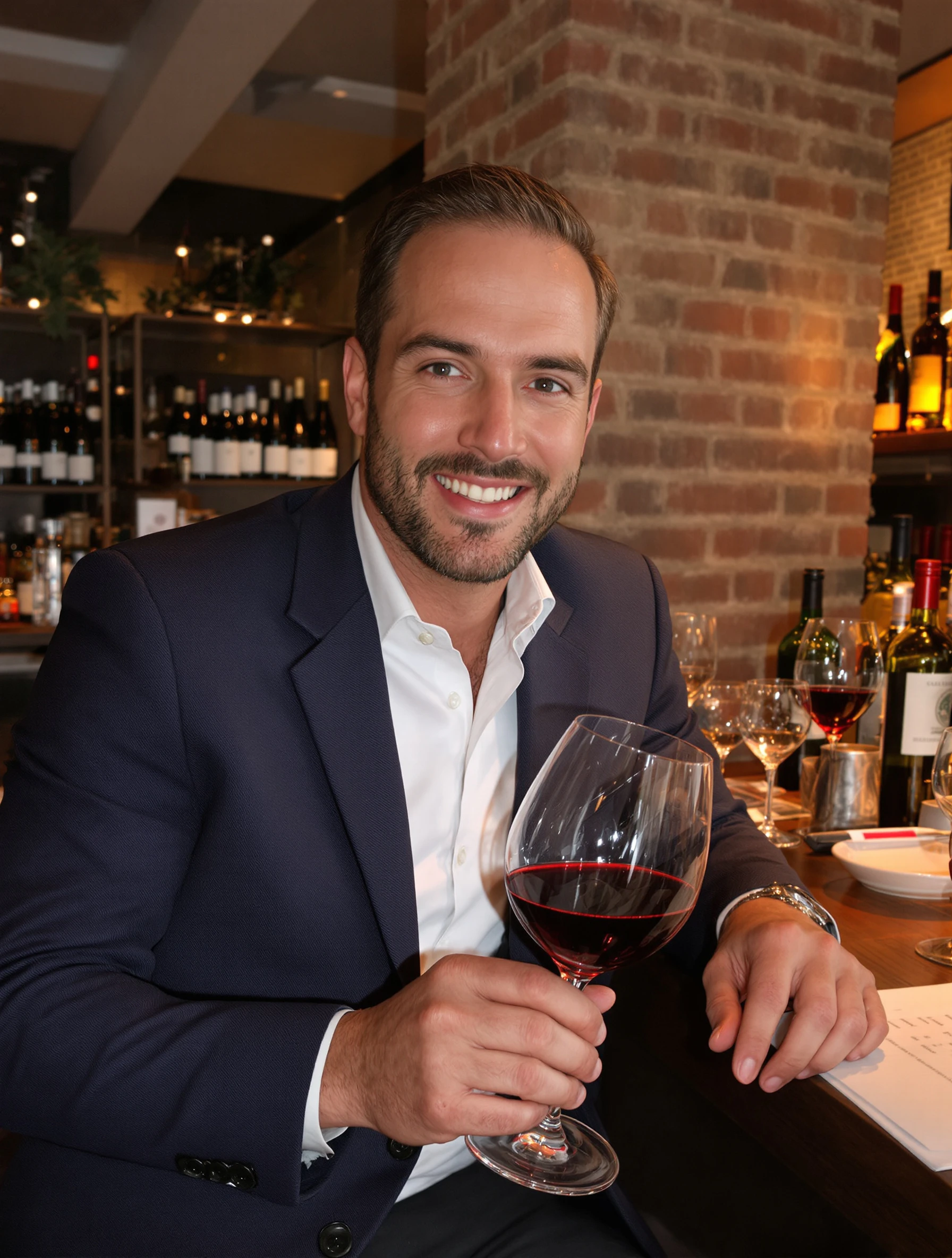 Sophisticated man at an upscale wine bar, holding a glass of red wine. Navy blazer over white shirt, warm ambient lighti