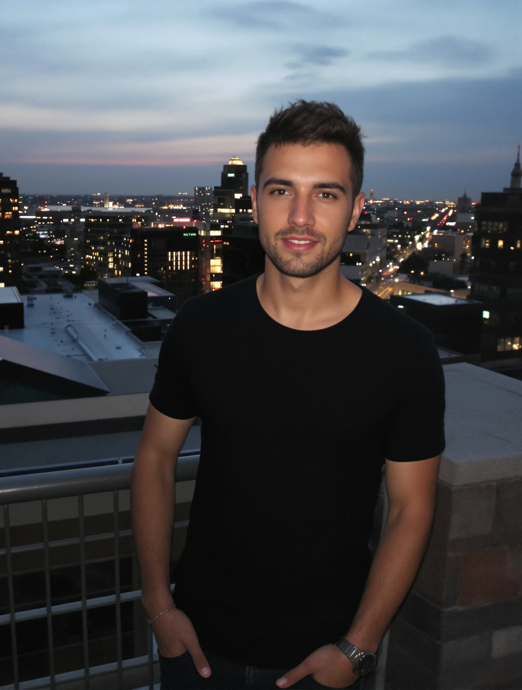 Stylish man standing on a city rooftop at dusk, wearing a black crew neck t-shirt. City lights twinkle in the background