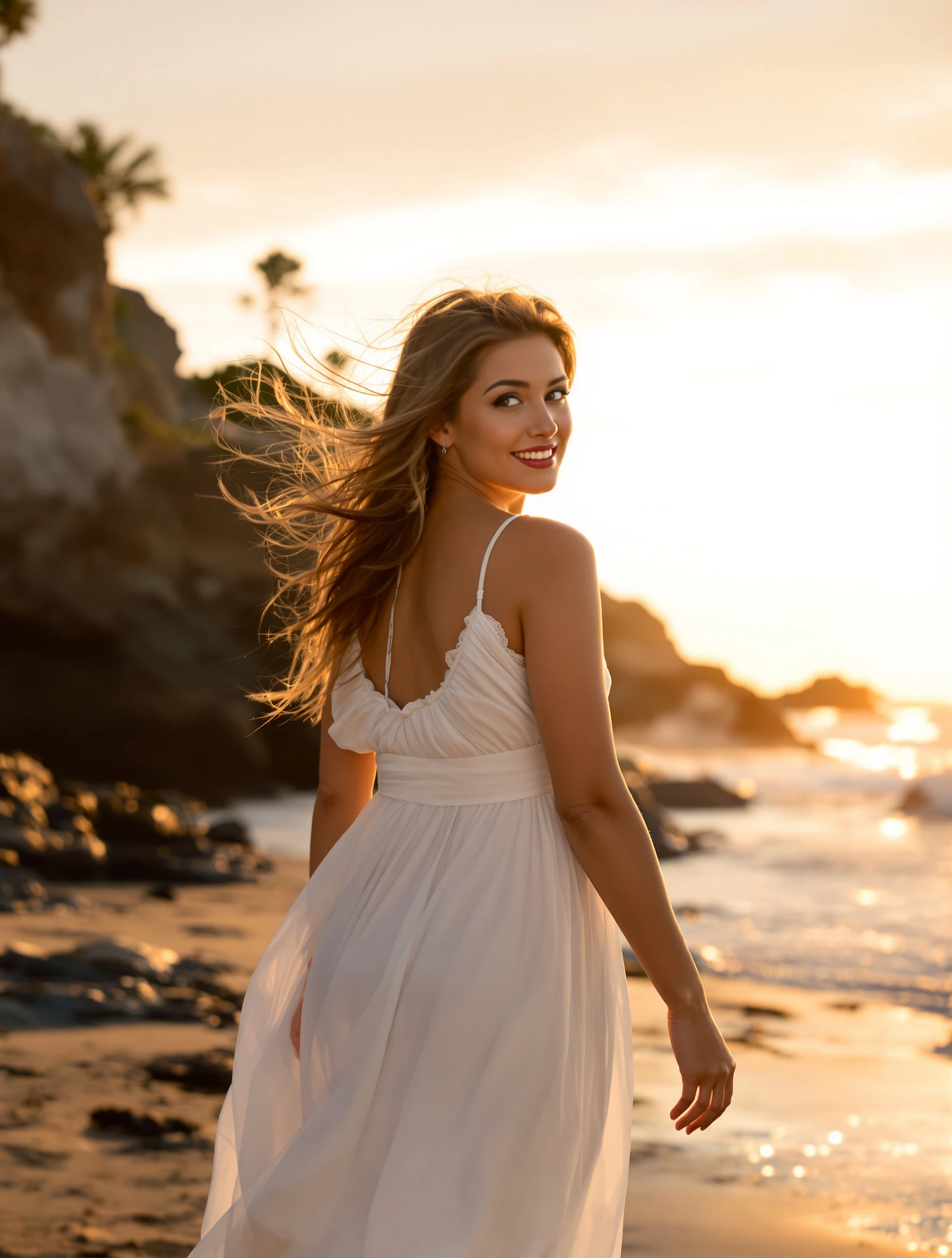 Woman in a flowing sundress walking along the beach at sunset, hair gently blowing in the breeze. Golden hour paints eve
