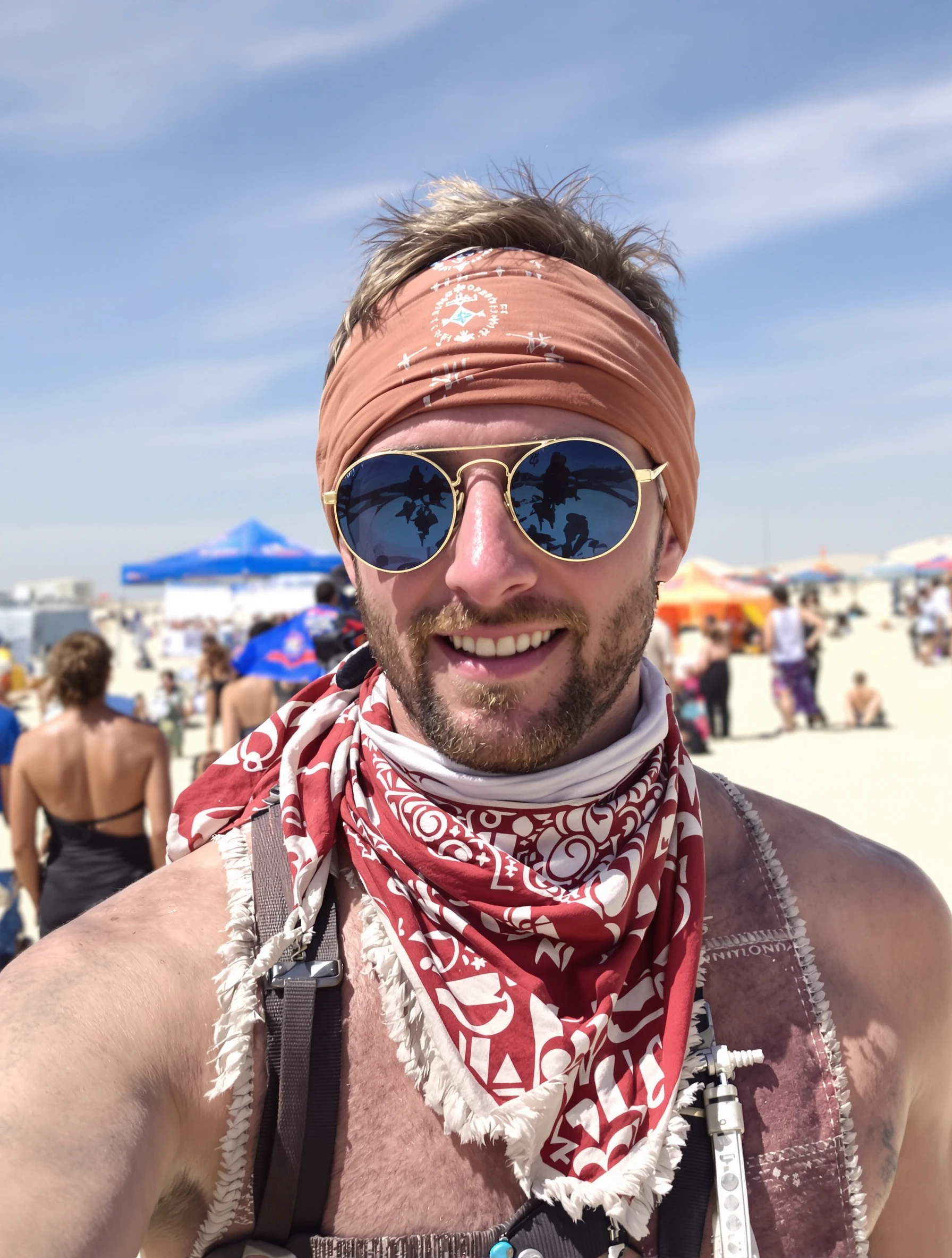 Man at desert festival with bandana and round sunglasses. Festival essentials, Burning Man vibes, practical style, desert cool.