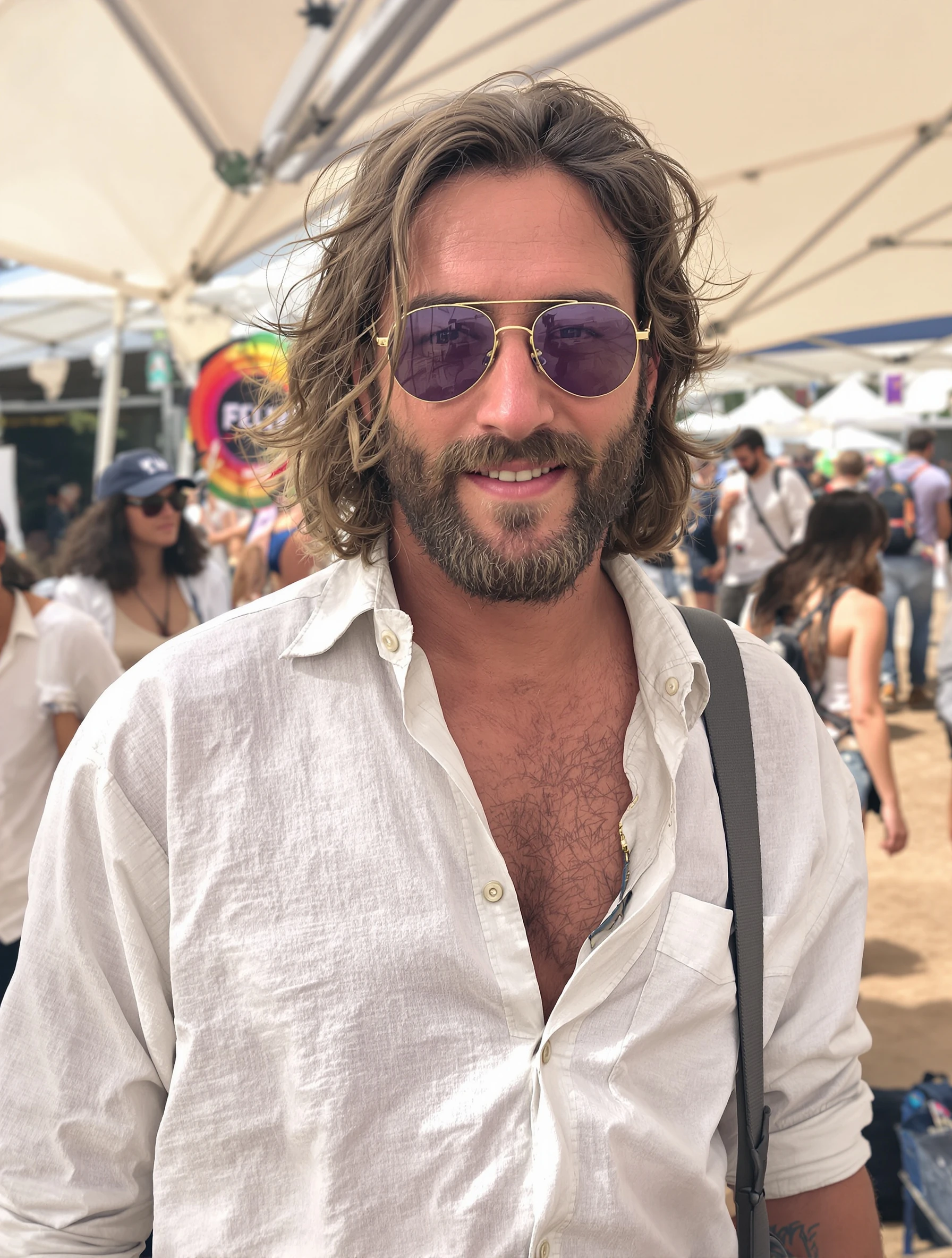 Man at festival in relaxed linen shirt, unbuttoned and breezy. Bohemian masculine, natural fabrics, easy going style, festival vibes.