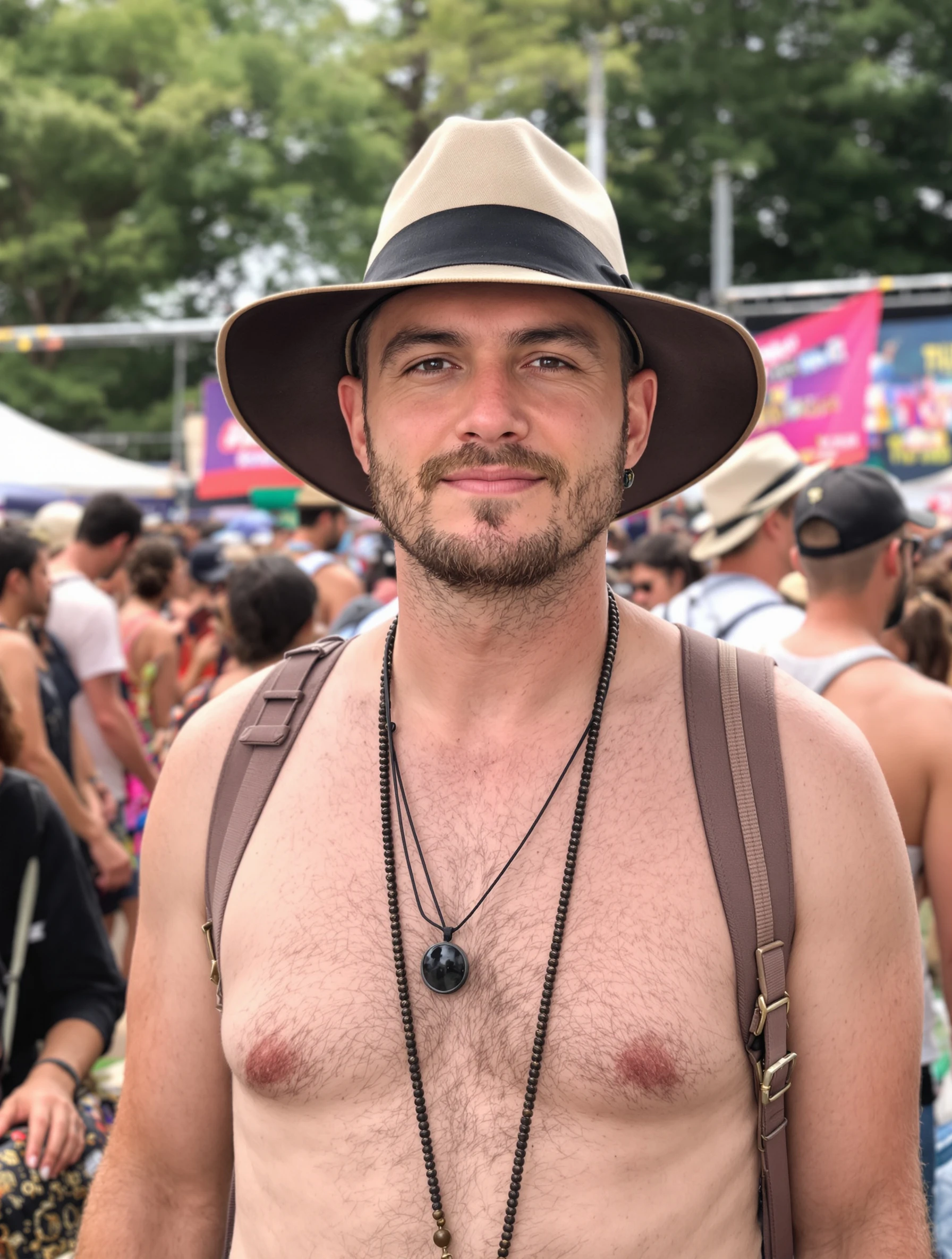 Man in fedora or wide-brim hat at outdoor festival. Boho headwear, sun style, festival essential, wanderer aesthetic.