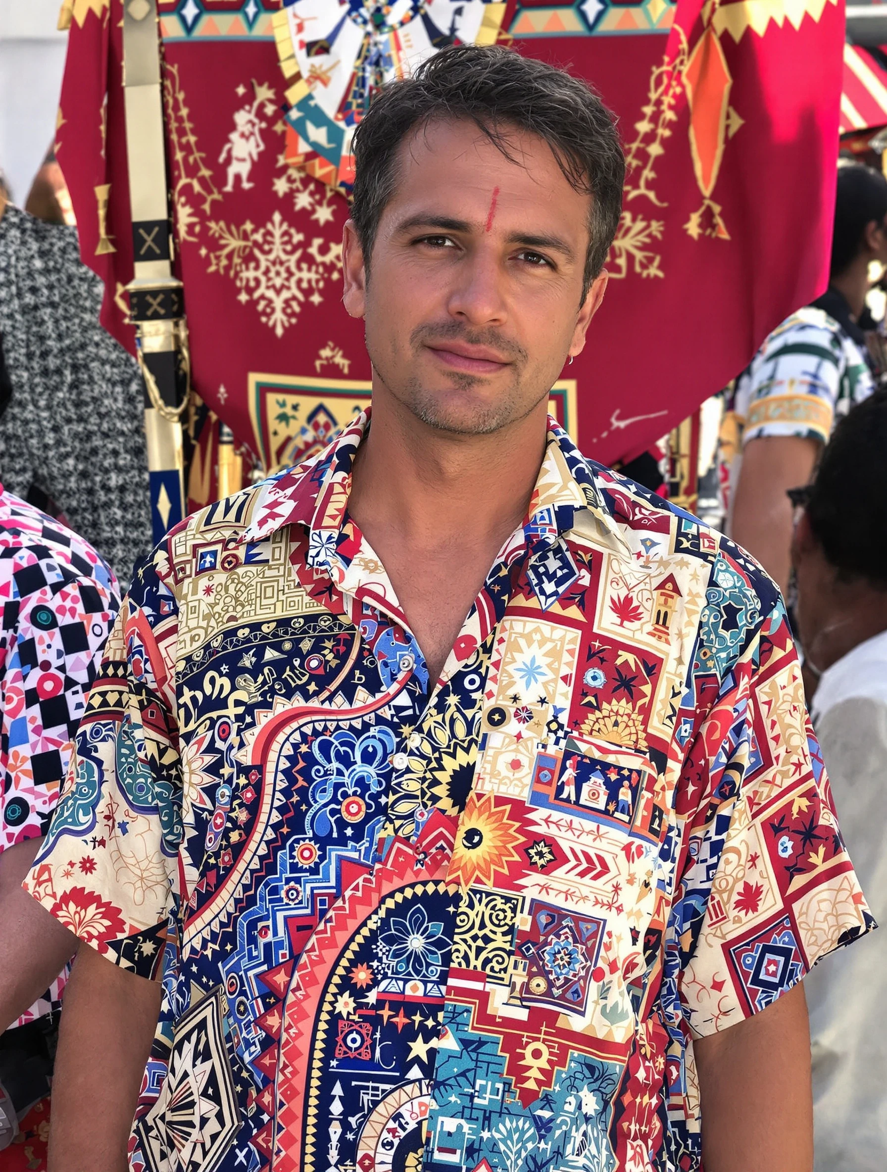 Man in patterned bohemian shirt, relaxed festival style. Printed fabric, loose fit, cultural patterns, free-spirited fashion.