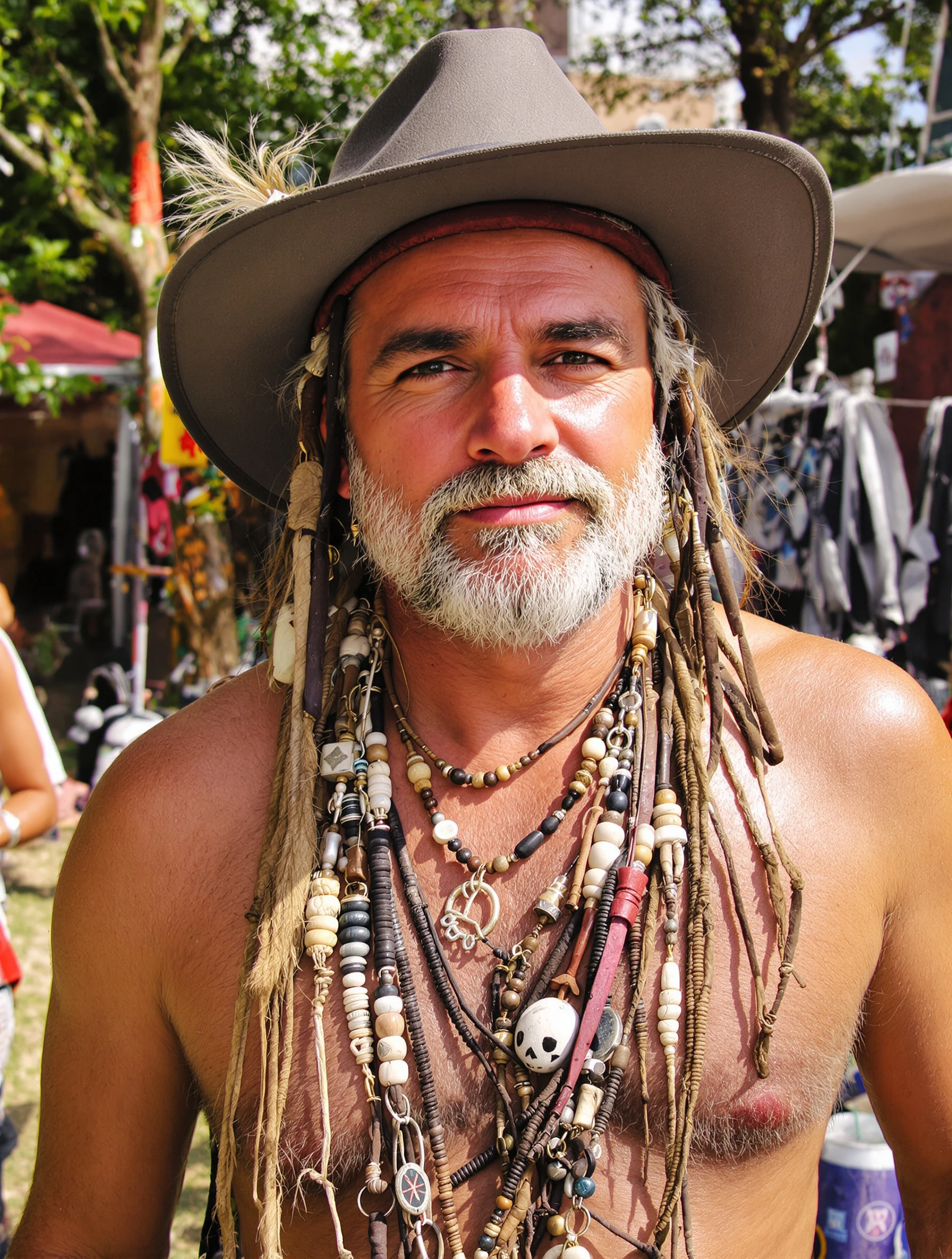 Man with layered boho jewelry, leather and beads. Festival accessories, masculine bohemian, collected pieces, earthy adornment.