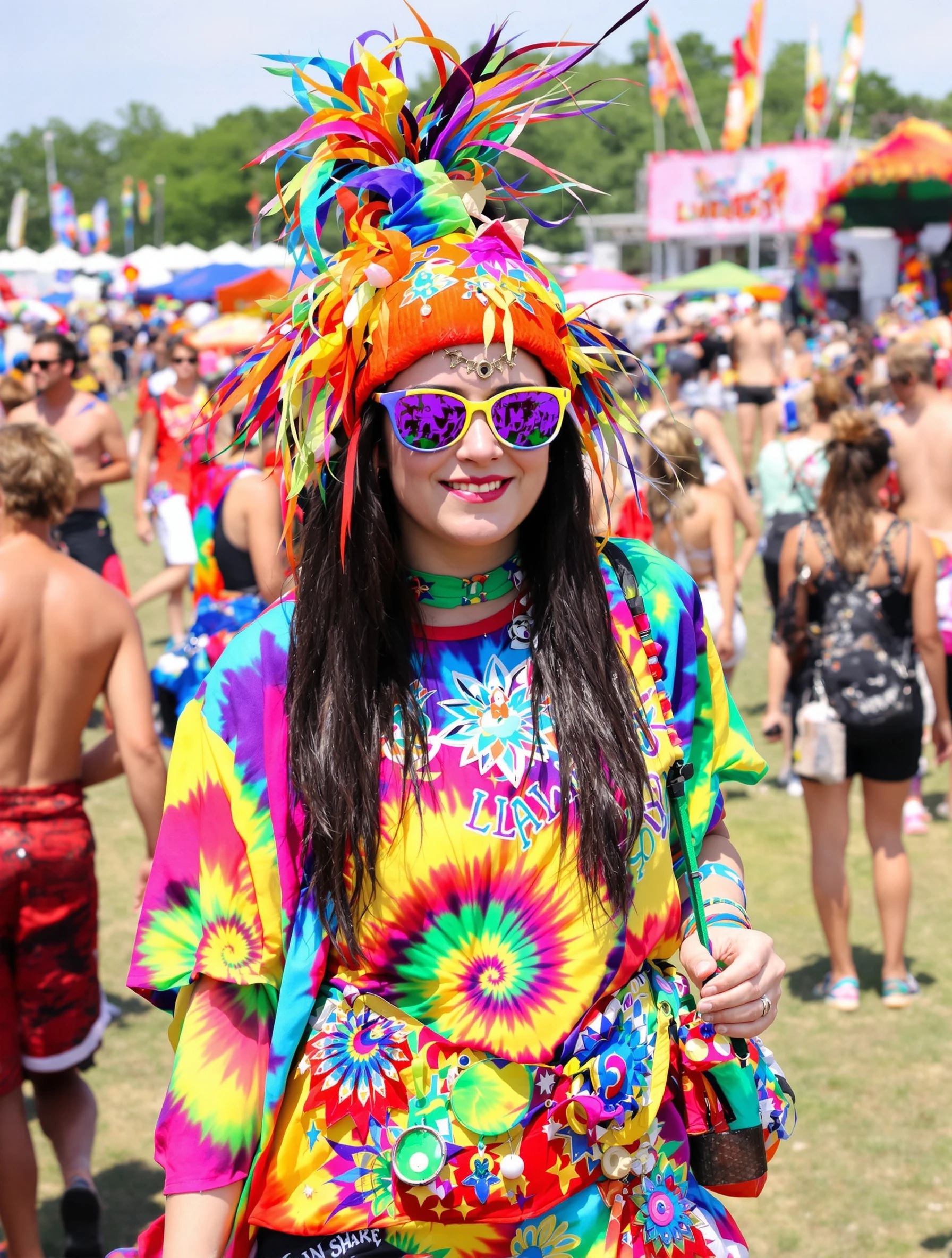Woman in colorful tie-dye outfit at summer festival. Psychedelic patterns, DIY aesthetic, vibrant colors, groovy vibes.