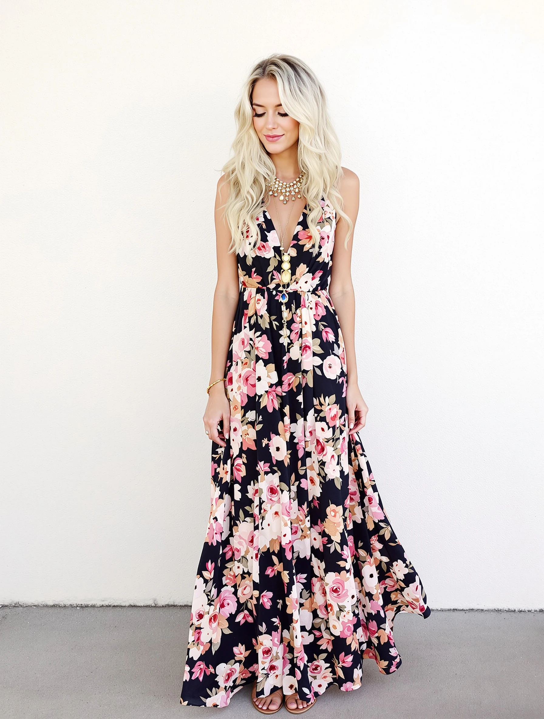Woman in flowing floral maxi d