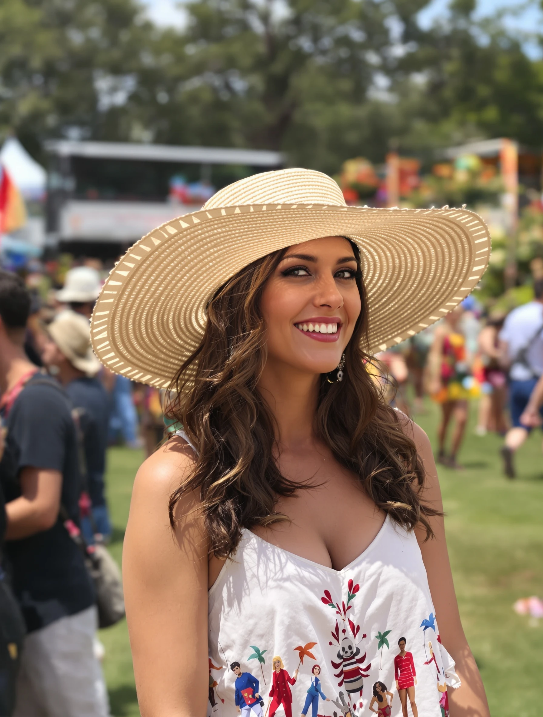 Woman in wide-brim boho hat, summer festival accessory essential. Straw or felt, sun protection style, romantic shade, festival chic.