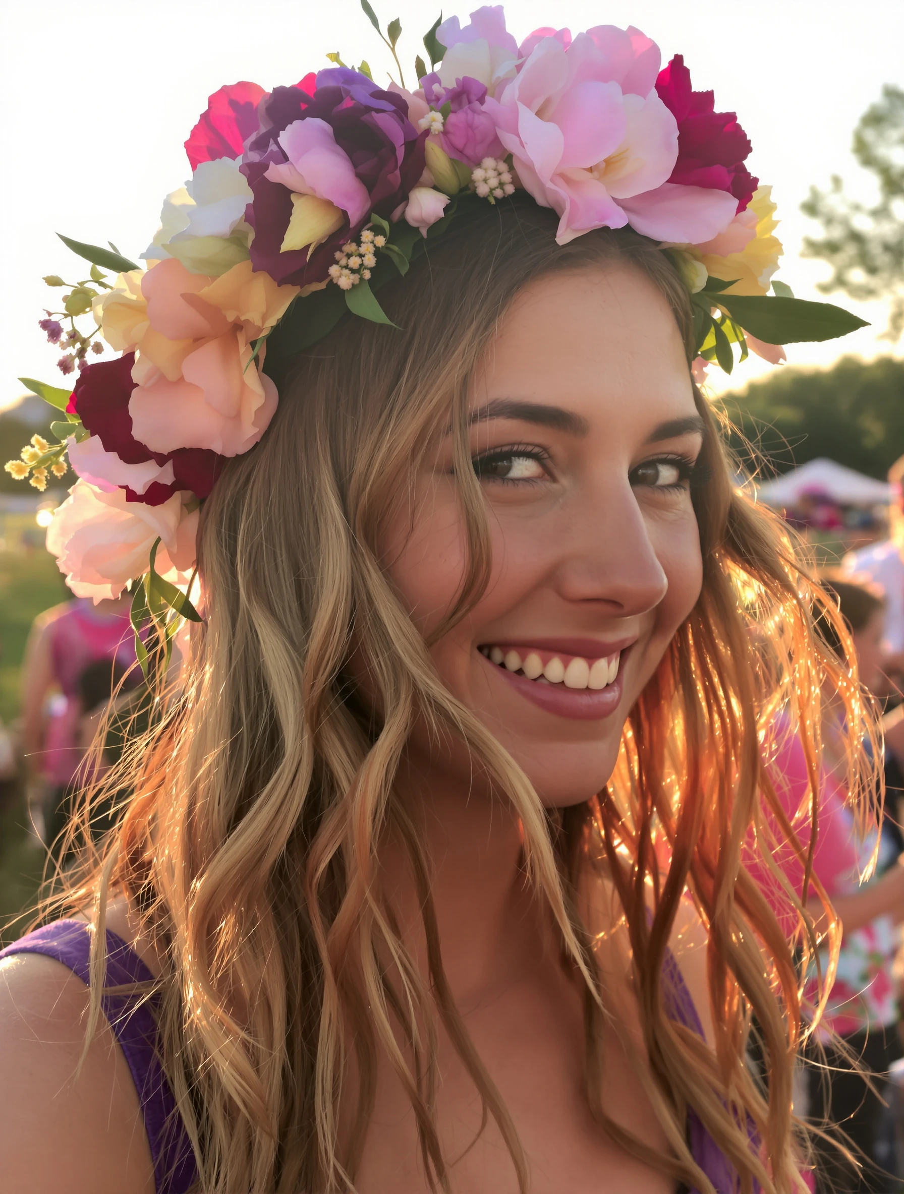 Woman wearing flower crown at 
