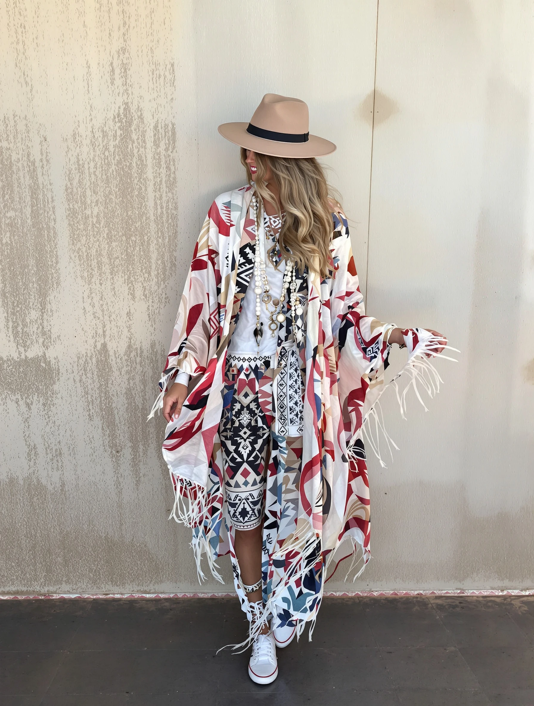 Woman wearing flowing kimono over festival outfit, fringe swaying. Layering piece, pattern mixing, bohemian cover-up, effortless style.